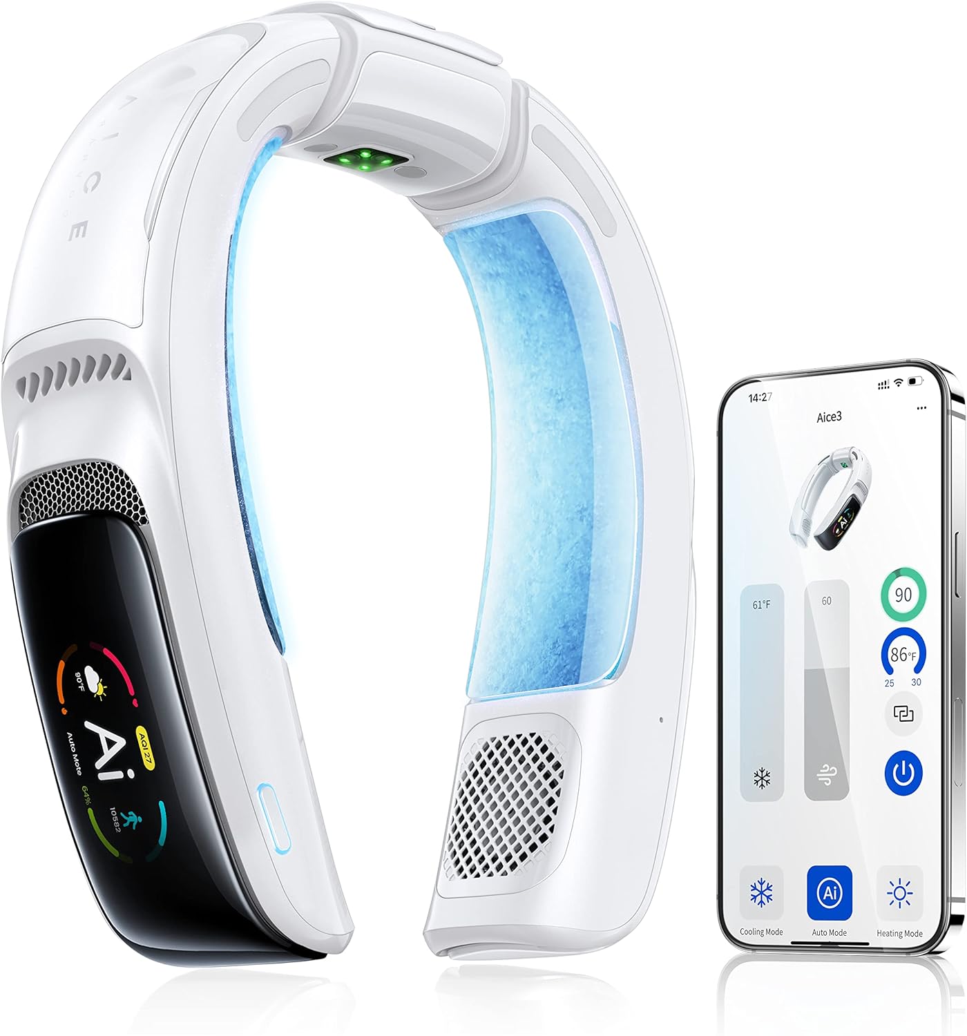 RANVOO No.1 AI Cooling A/C AICE 3 AI Neck Air Conditioner 7000mAh 30H [Full-body Cooling] [Health Monitor] Personal Neck Fan Cooler Rechargeable Wearable Music Call Gift [No Stand Version], Ice White