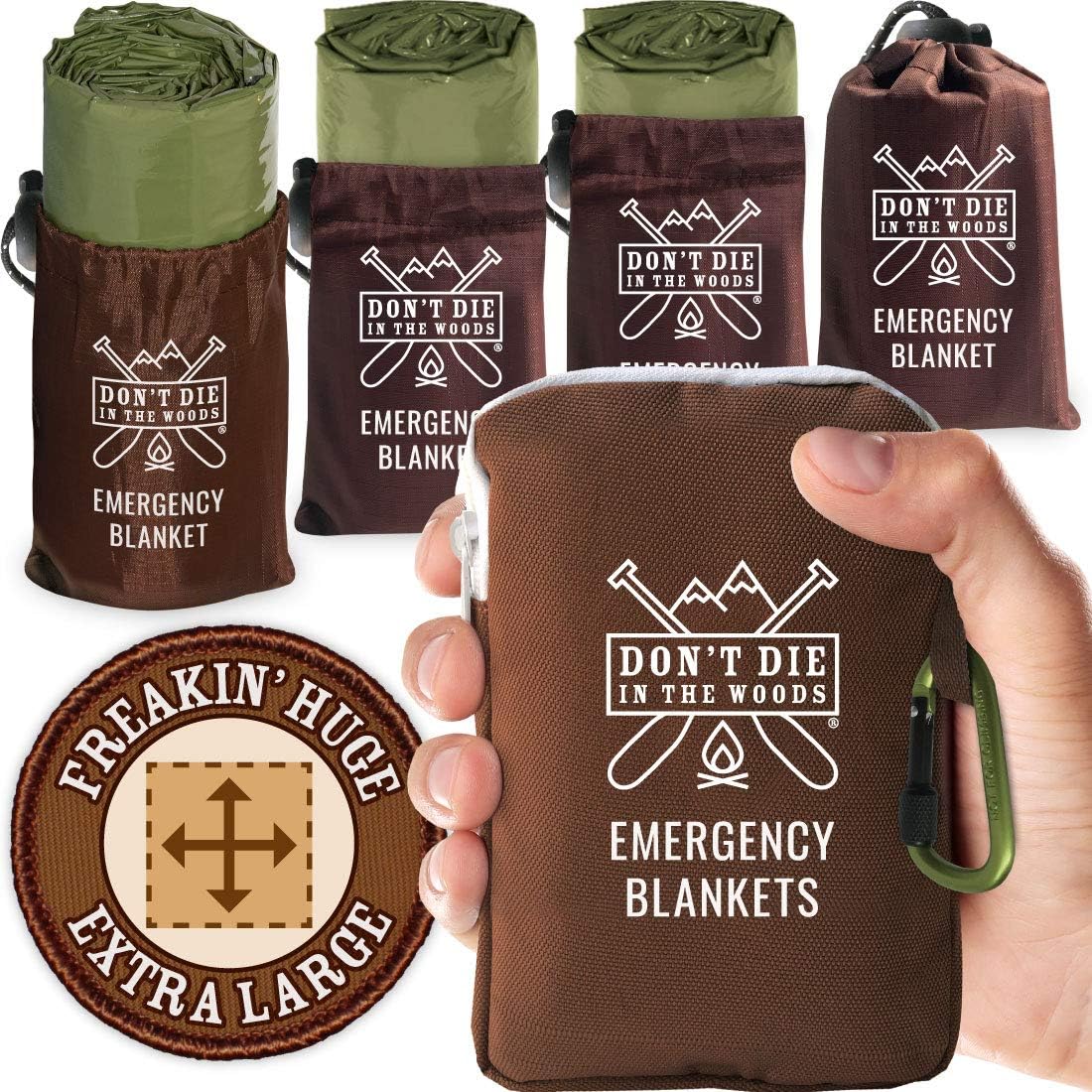 Don't Die In The Woods - Freakin’ Huge Emergency Blankets [4-Pack] Extra-Large Thermal Mylar Space Blankets with Ripstop Nylon Stuff Sacks + Carabiner Zipper Pack [Army Green]
