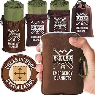 Don't Die In The Woods - Freakin’ Huge Emergency Blankets [4-Pack] Extra-Large Thermal Mylar Space Blankets with Ripstop Nylon Stuff Sacks + Carabiner Zipper Pack [Army Green]