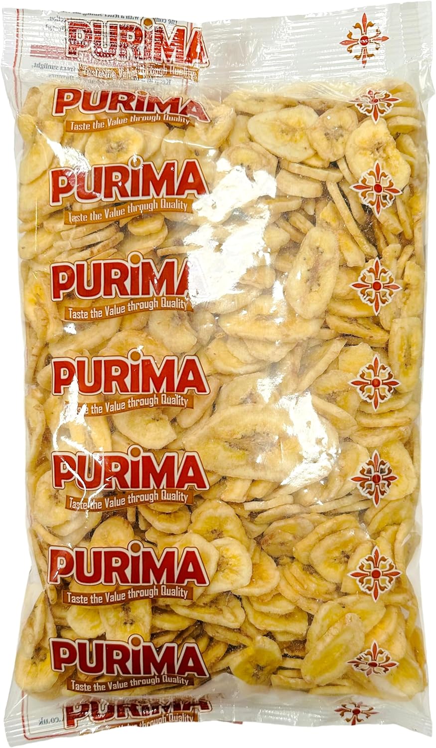 Banana Chips 1kg – Dried Banana Slices Natural Fruit Crispy Sweet Sweetened Crunchy Snack Dehydrated Dry – Ready to Eat - Large Bulk Bag – Vegan - PURIMA