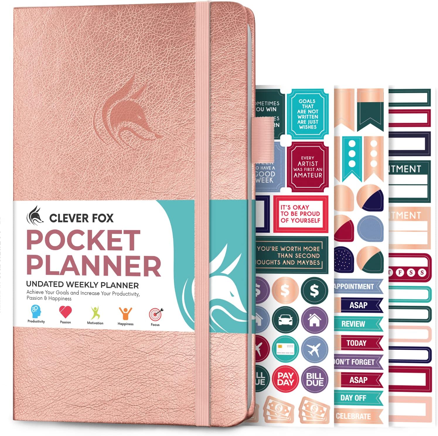 Clever Fox Pocket Weekly – Undated Monthly Goal Planner and Calendar, Mini Planner Perfect for Purse, 10x17.5cm (Rose Gold)