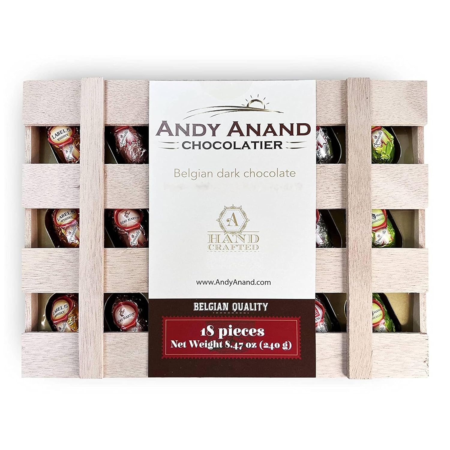 Andy Anand European Dark Chocolate Bottles Filled with Top-Shelf Non-Alcoholic Cordials, Wooden Gift Box - 18 Count (8.74 Oz)