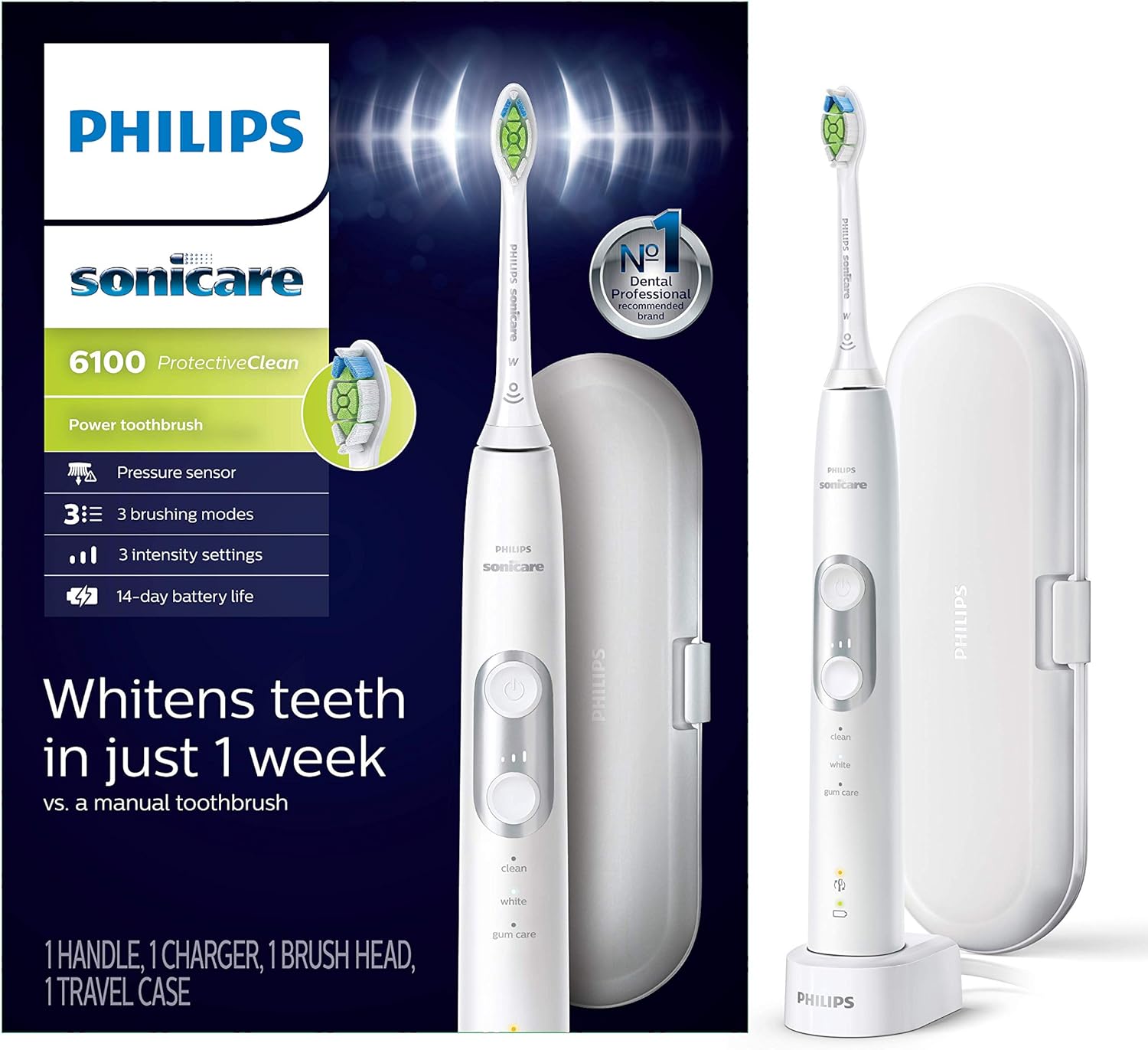 PHILIPS Sonicare ProtectiveClean 6100 Rechargeable Electric Toothbrush, with Pressure Sensor, 3 Cleaning Modes, SmarTimer and QuadPacer, 14-Day Battery Life, Travel Case, White, Model HX6877/21