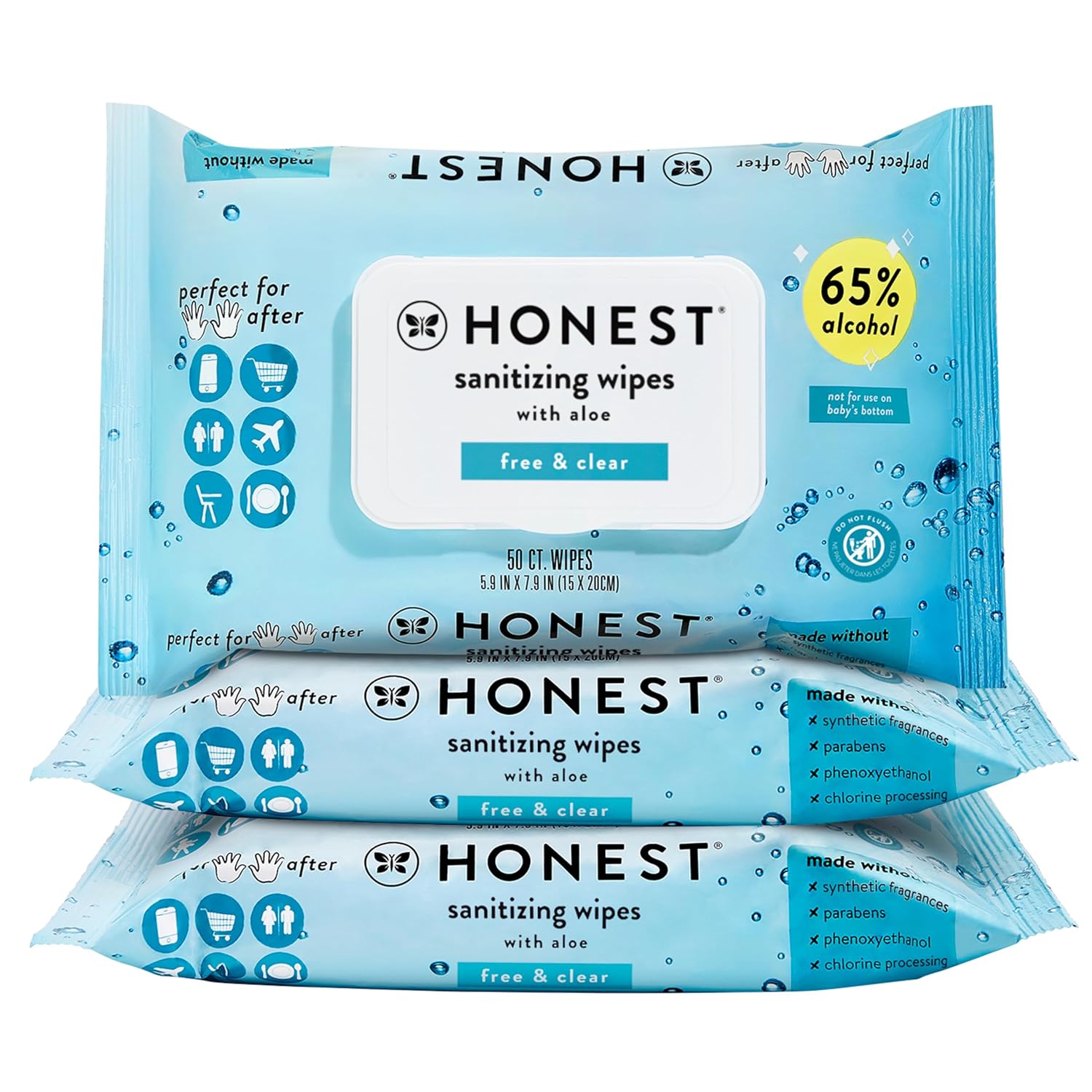 The Honest Company Fragrance Free Sanitizing Alcohol Wipes | Antibacterial + Safe for Hands | Kills 99% of Germs, Made With Aloe | 150 Count (3 Packs of 50)