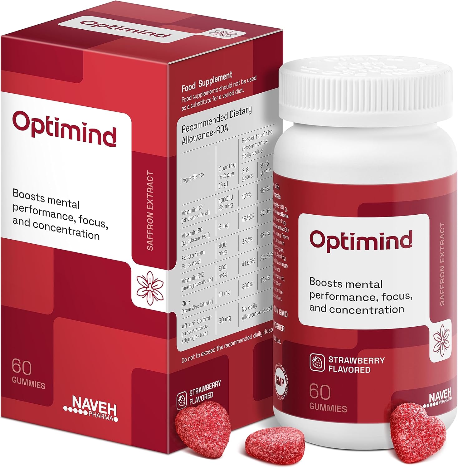 NAVEH PHARMA® OptiMind - Focus Supplement | Natural Supplements for Kids | 30 MG Saffron Supplements: Kids Vitamins and Memory Supplement for Brains | Mood Support | 60 Calm Gummies (Strawberry)