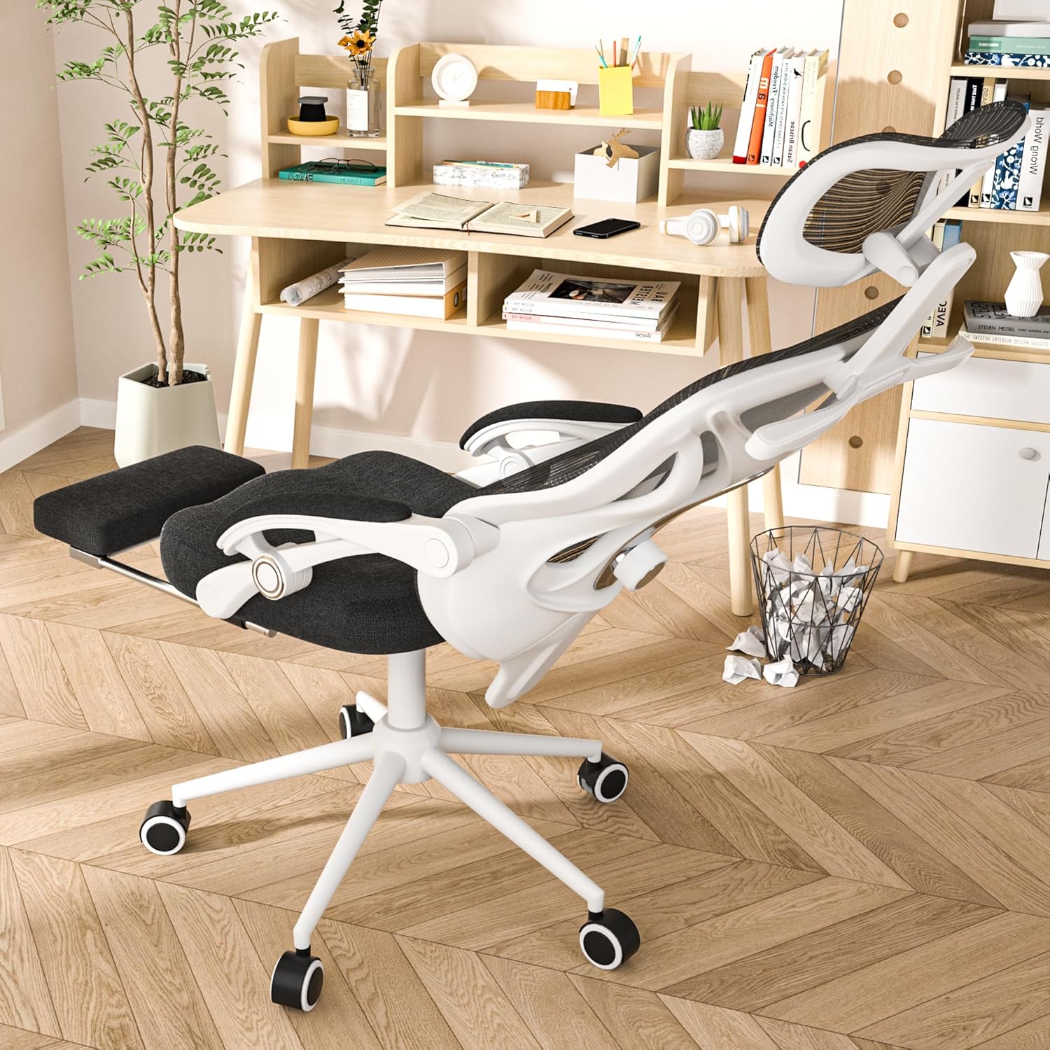 Ergonomic Office Chair - Adjustable Lumbar & Headrest, 90-160° Reclining with Footrest, Breathable Mesh Back - Home Office/Gaming Computer Chair (Black-White Frame, 300lbs Capacity)