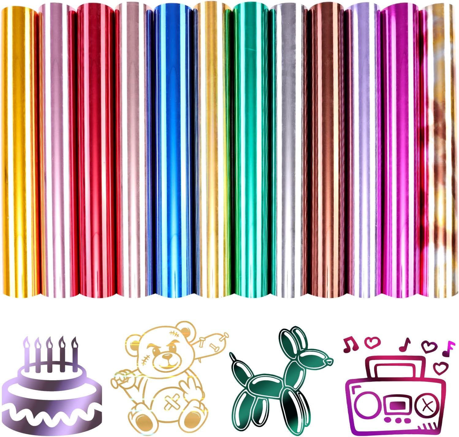 Tintnut Metallic Heat Transfer Vinyl Bundle Chrome HTV Vinyl,12 Sheets 12"x 10" Foil Holographic Gold Iron On Vinyl for Compatible with Cricut or Silhouette Cameo