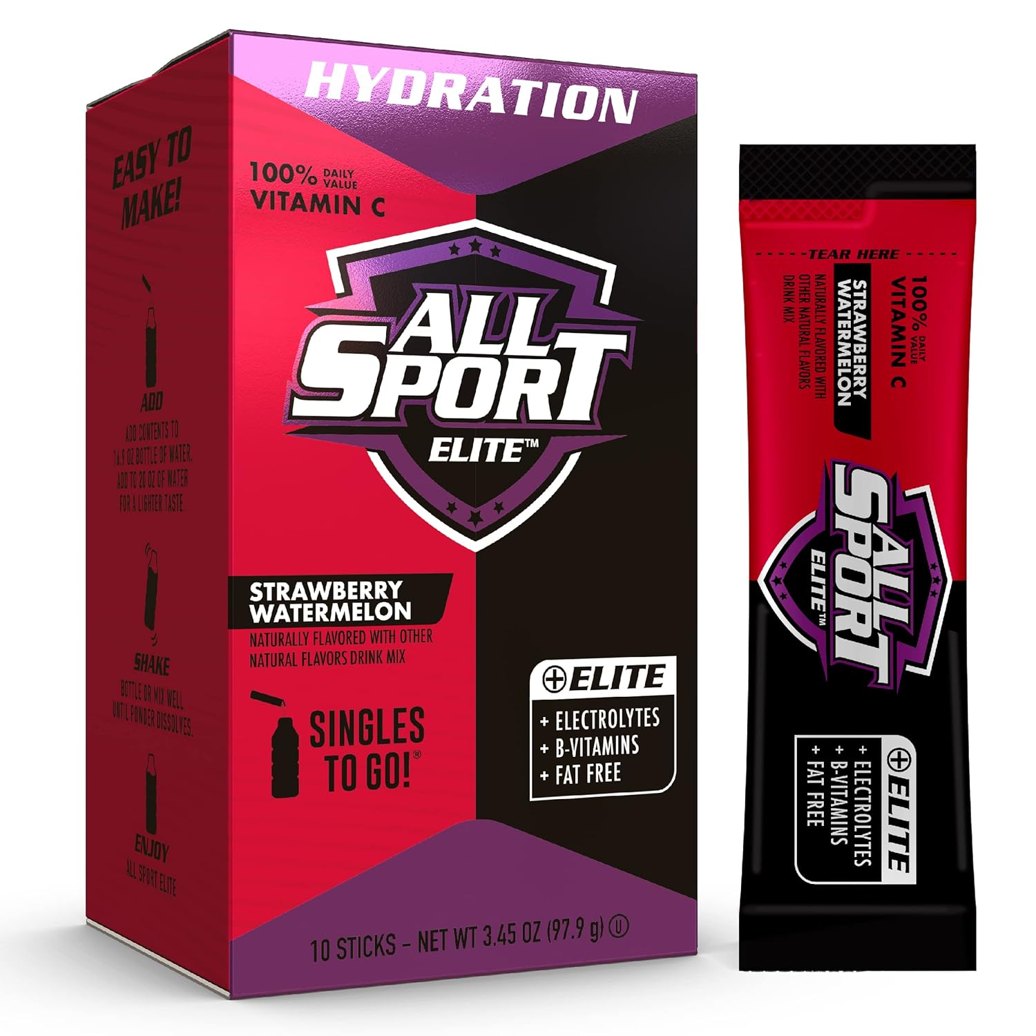 ALL SPORT ELITE - Electrolyte Hydration Performance - Strawberry Watermelon - Singles To Go Powder Packets (10 Sticks)