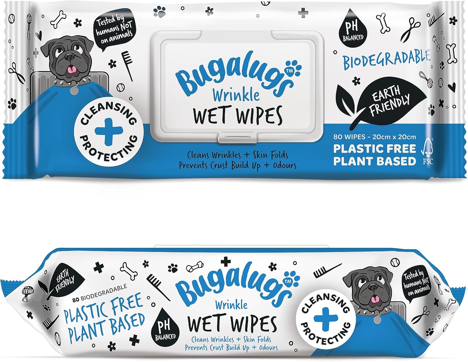 BUGALUGS Wrinkle Dog Wipes for pawly skin - 80 Biodegradable dog grooming pet wipes. Use as Dog ear wipes, dog eye wipes, dog face wipes, Paw & Bum wipes for puppy, dogs & cat grooming