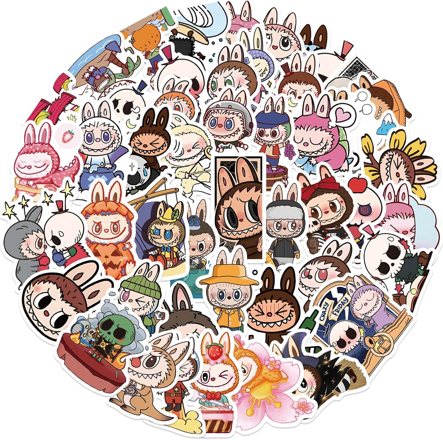 50pcs Labubu Cartoon Stickers for Teen Water Bottle, Cool Terror Labubu Waterproof Vinyl Decal for Kids Adult Girl Laptop Skateboard Phone Guitar Travel Case Bike