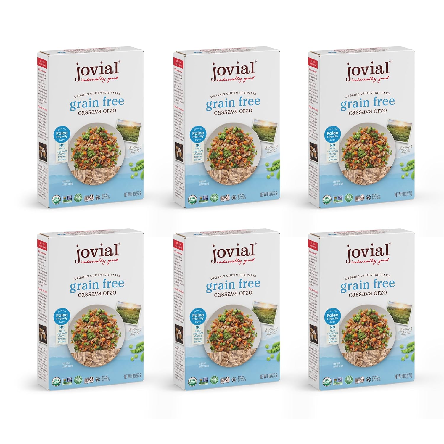 Jovial Grain-Free Cassava Orzo - Gluten Free Orzo Pasta, Cassava Pasta, Paleo Pasta, Grain-Free, 100% Organic Pasta, USDA Certified Organic, Non-GMO, High-Fiber - 8 Oz, 6 Pack