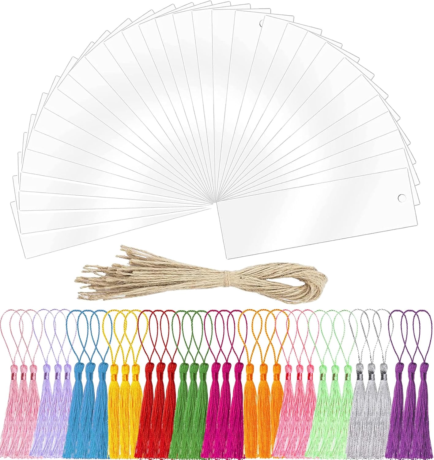 Acrylic Blank Bookmark, BetterJonny 30Pcs Clear Craft Book Markers with 36Pcs Colorful Tassels and 30Pcs Ropes Unfinished Transparent Rectangle Tags for DIY Projects and Present