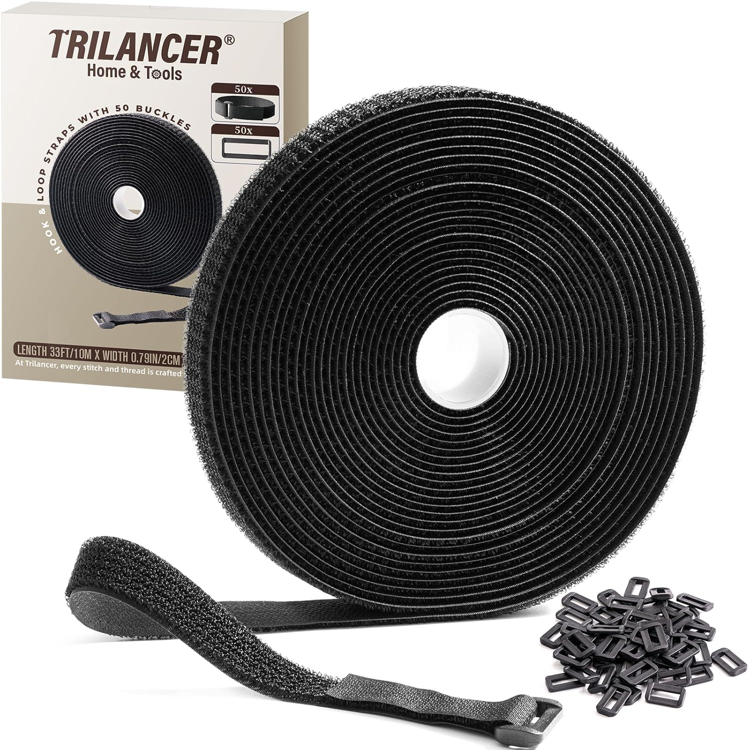 Trilancer 0.8''x 32Ft Reusable Cable Ties, Adjustable Hook and Loop Straps with 50 Buckles, Cut to Length, Ideal for Wire Management, Cord Organizer, and Cable Straps, Black