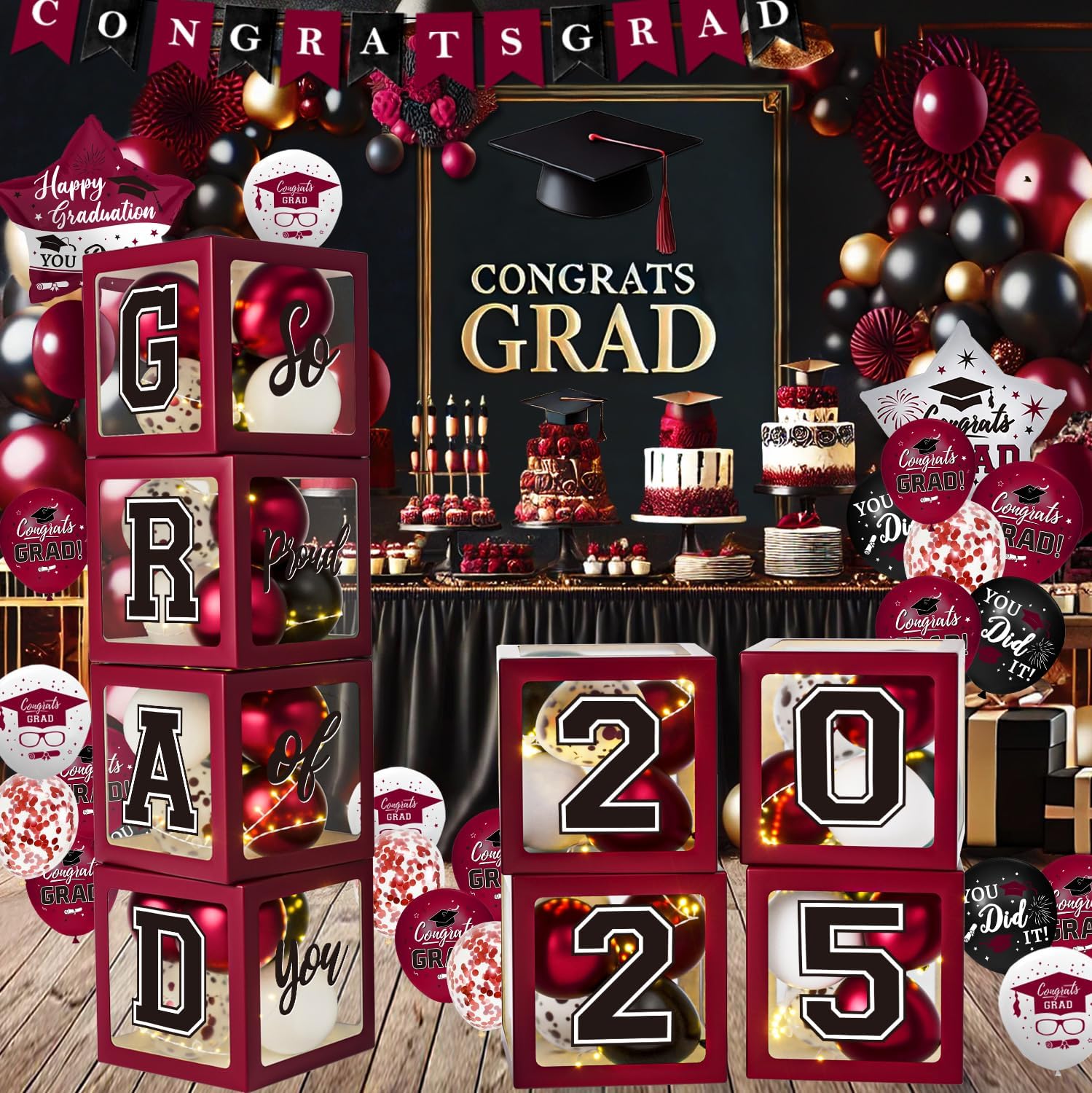 Maroon Themed 2025 Graduation Decorations Set - Balloons Boxes with Letters 2025 GRAD So Proud of You - Complete Party Supplies for High School & College Celebrations