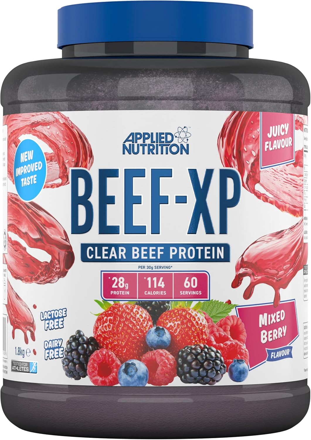 Applied Nutrition Beef XP - Clear Hydrolysed Protein Isolate, Fruit Juice Style, Dairy Free Beef Protein Powder, Lactose Free, Zero Sugar, Low Fat, 1.8kg - 60 Servings (Mixed Berry)