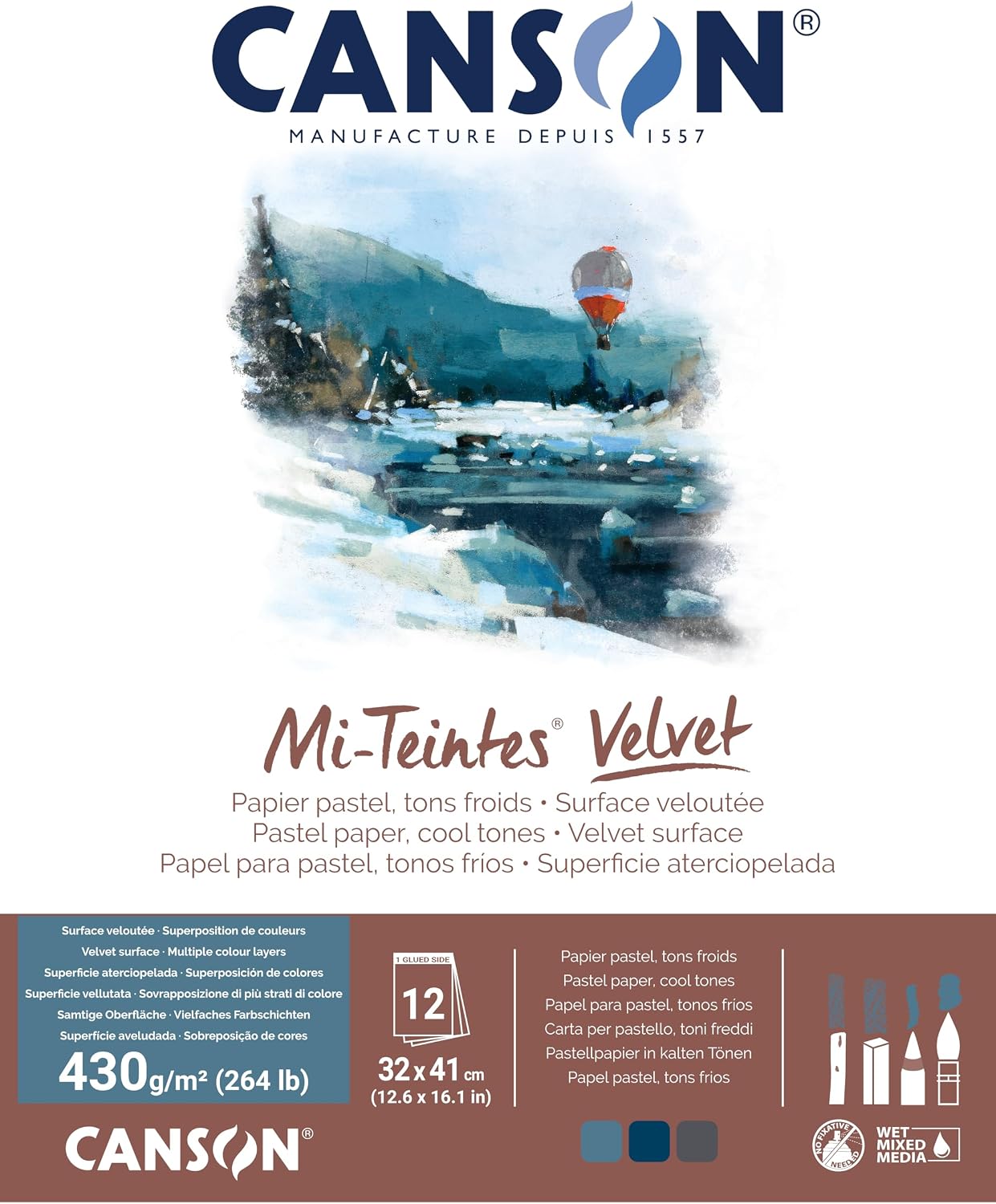 Canson Mi-Teintes Velvet Pastel Paper Pad, Cool Tones, 12.6x16.1 in