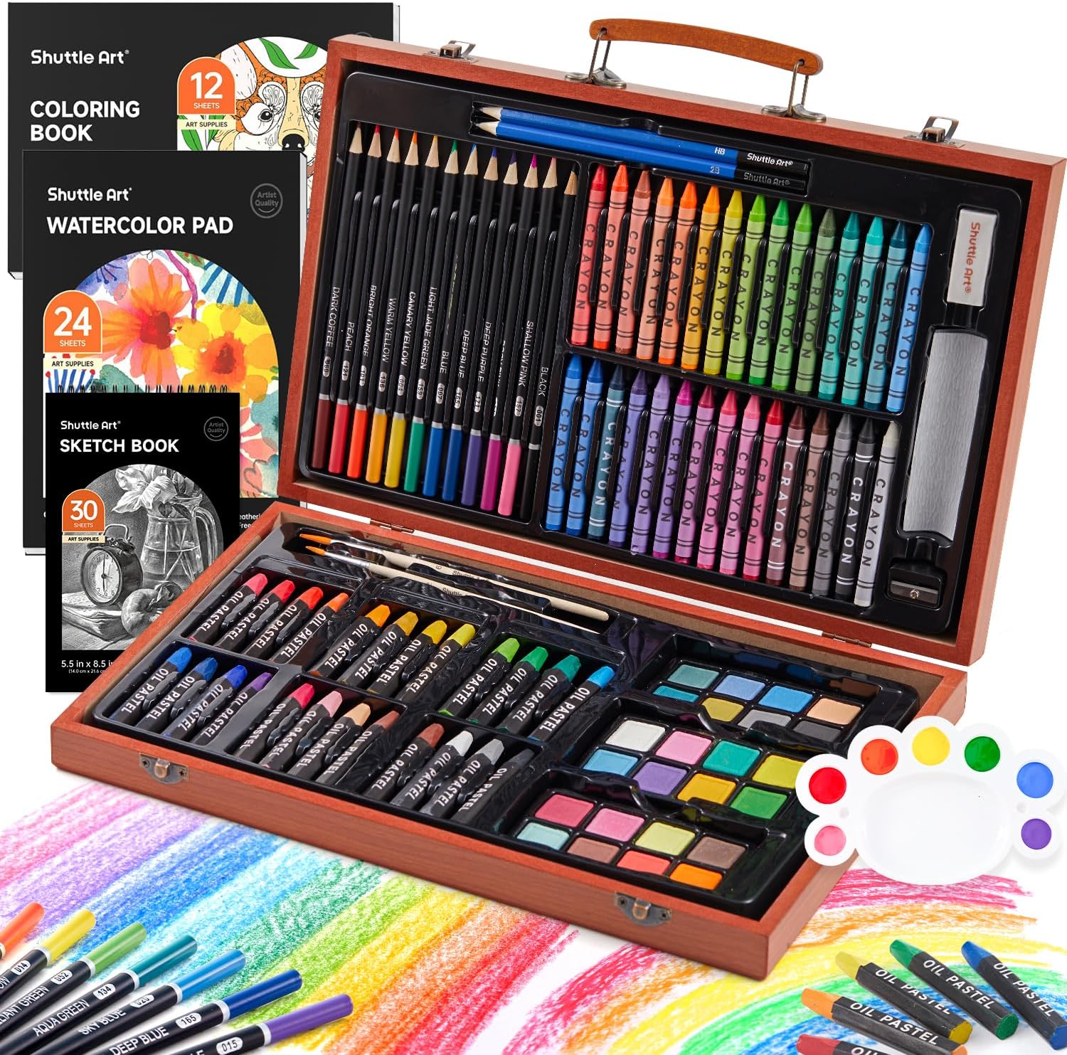 Shuttle Art 106 Piece Deluxe Art Set, Art Supplies in Wooden Case, Painting Drawing Art Kit with Crayons Colored Pencils Oil Pastels Watercolor Cakes Coloring Book Sketch Pad for Kids Adults