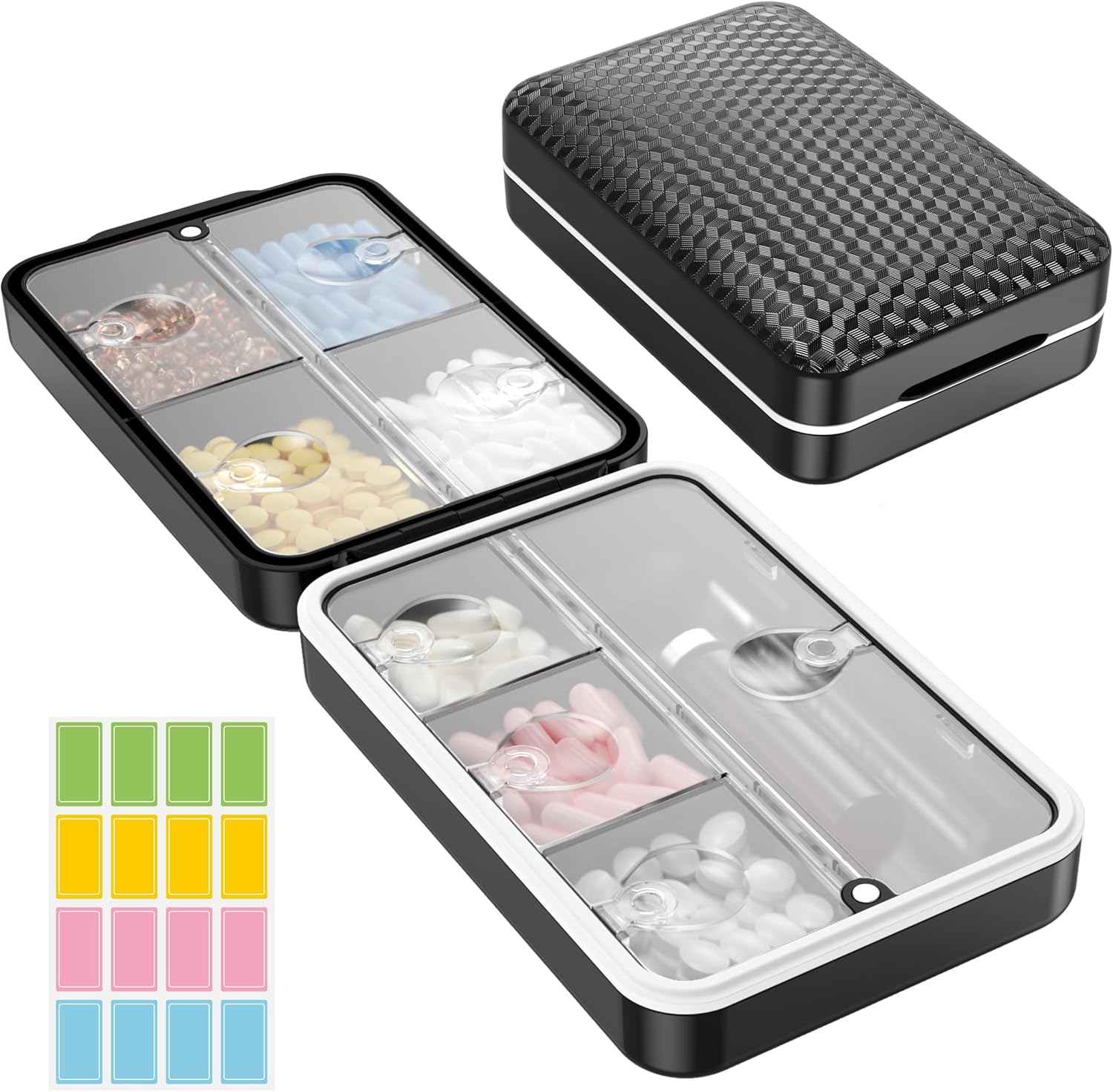 Restree Daily Pill Organizer, 8 compartments Portable Pill Dispenser, Moisture-Proof Travel Pill Case, Large Pill Box for Vitamin, Medicine, Fish Oil/Supplements (Black)