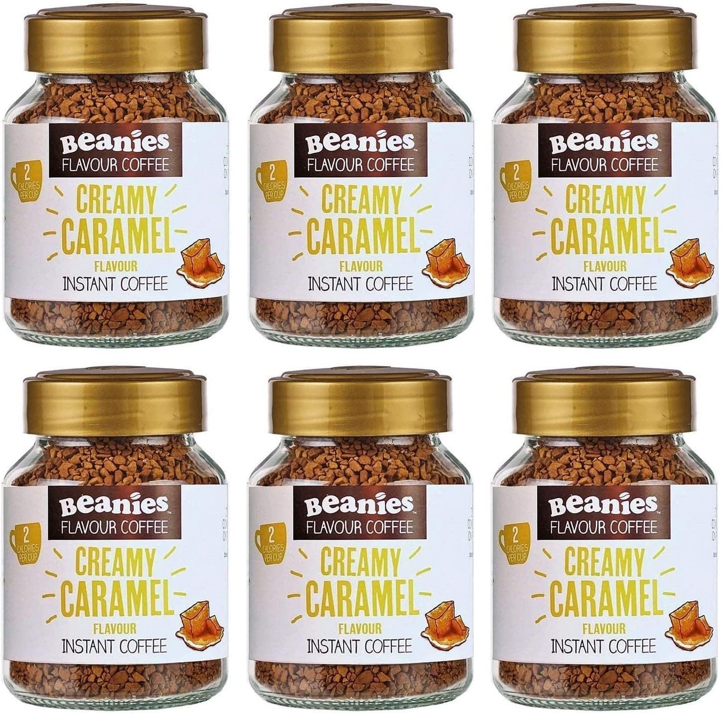 6X Beanies Creamy Caramel Flavoured Instant Coffee Jars: 50g per jar