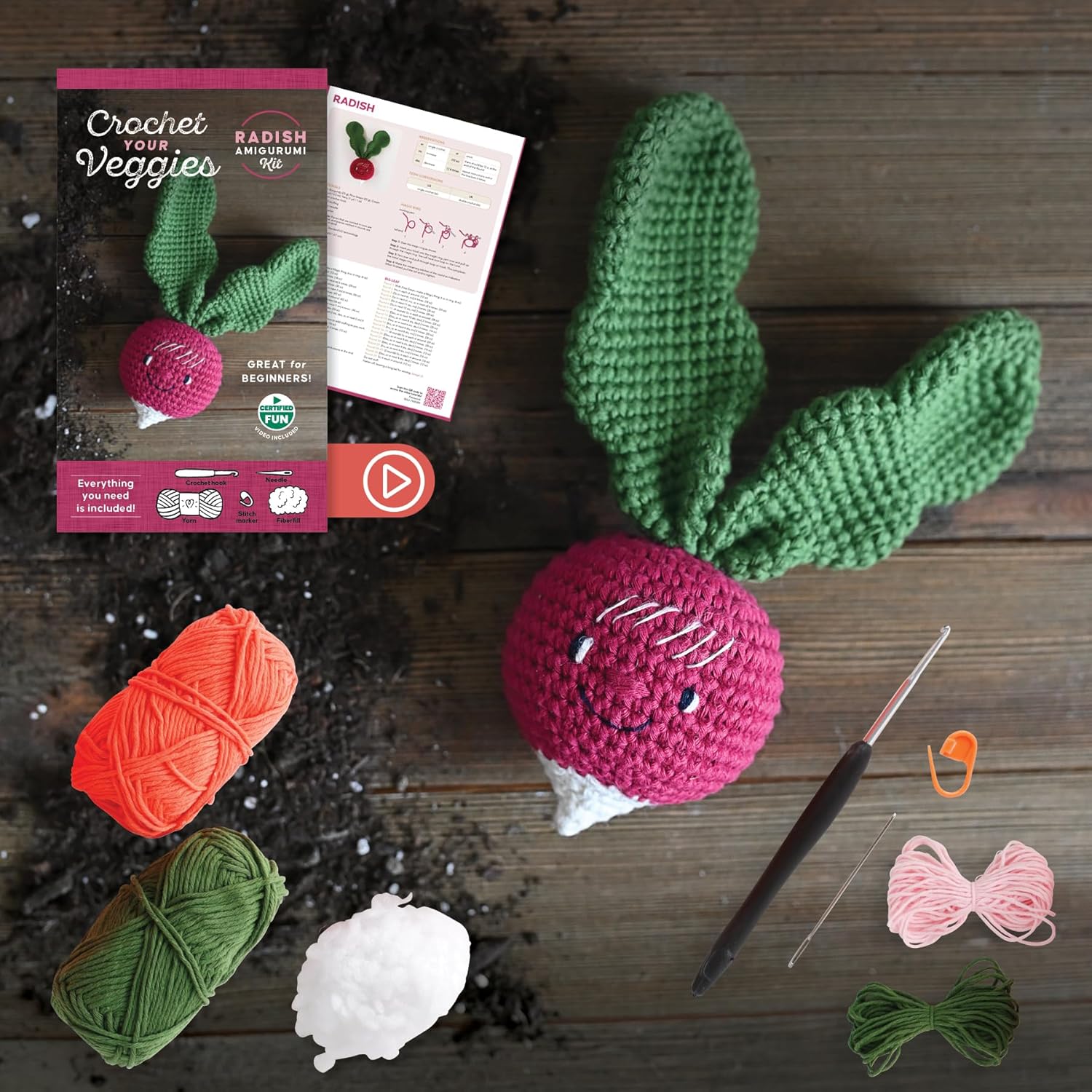 Crochet Your Veggies Amigurumi Kit Radish: Everything You Need Is Included: 100%-Cotton Yarn, Crochet Hook, Stitch Marker, Tapestry Needle, Fiberfill, ... Instruction Videos; Beginner Friendly!