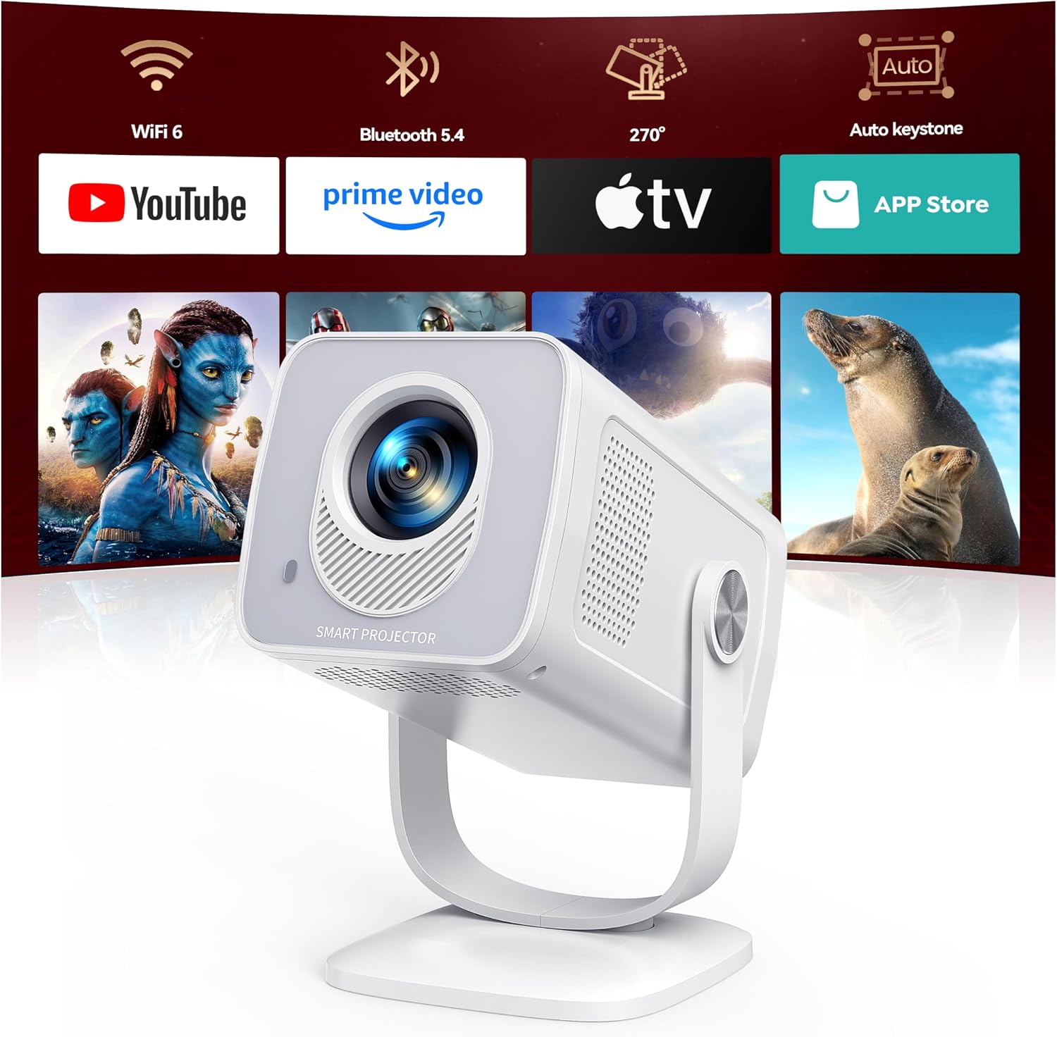 TOPTRO Mini Projector 1080P 4K Supported【Android 14 & Short Throw】 Portable Smart Projector with 270° Adjustable Stand, WiFi 6 Bluetooth 5.4, Auto Keystone, Home Movie Projectors for Bedroom/Kid Gift