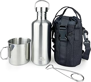 Canteen 42oz Single Wall Water Bottle with 24oz Nested Camping Cup and Carrier Bag, Bushcraft Gear, Wide Mouth Water Bottle, Survival Gear, Water Boiler, Self Reliance, Stainless Steel - Black