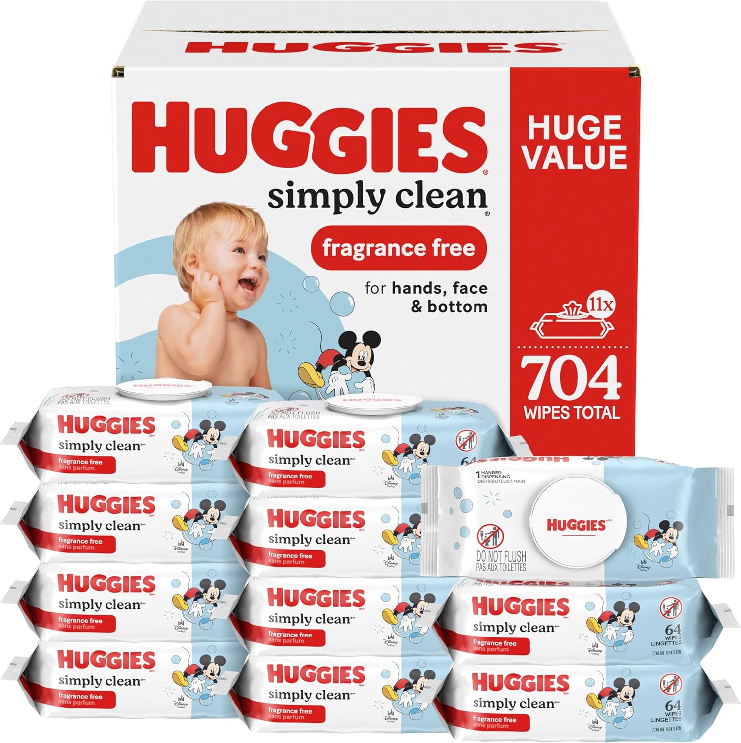 Huggies Simply Clean Unscented Baby Diaper Wipes, 11 Flip-Top Packs (704 Wipes Total), Packaging May Vary