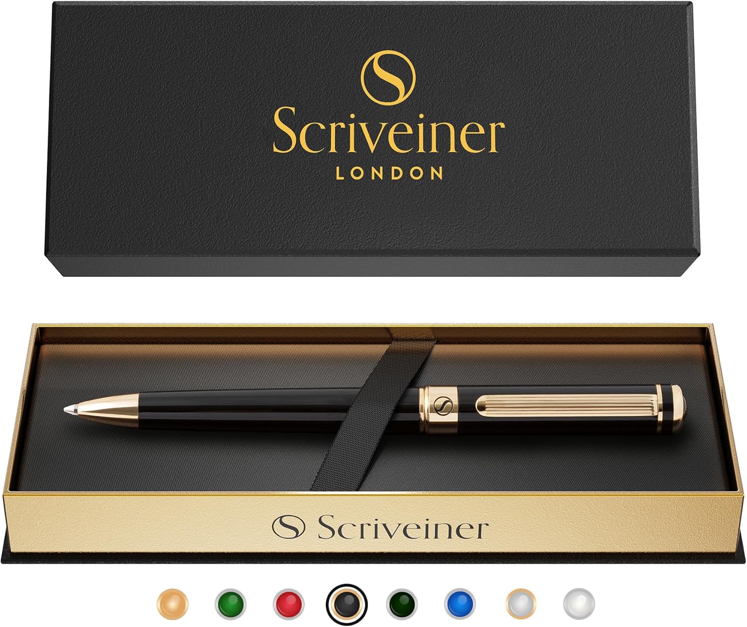 Scriveiner Black Lacquer Ballpoint - Stunning Luxury Pen, Real Gold Plating, Schmidt Black Refill, Best Ball Pen Gift Set for Men & Women, Professional Executive Office, Nice Fancy Designer Pens