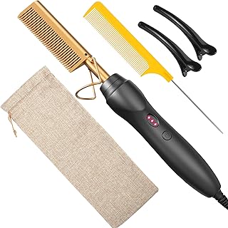 Hot Comb Hair Straightener Heat Pressing Combs - Ceramic Electric Hair Straightening Comb, Curling Iron for Natural Black Hair Beard Wigs Holiday Gift - Glod 5 In1