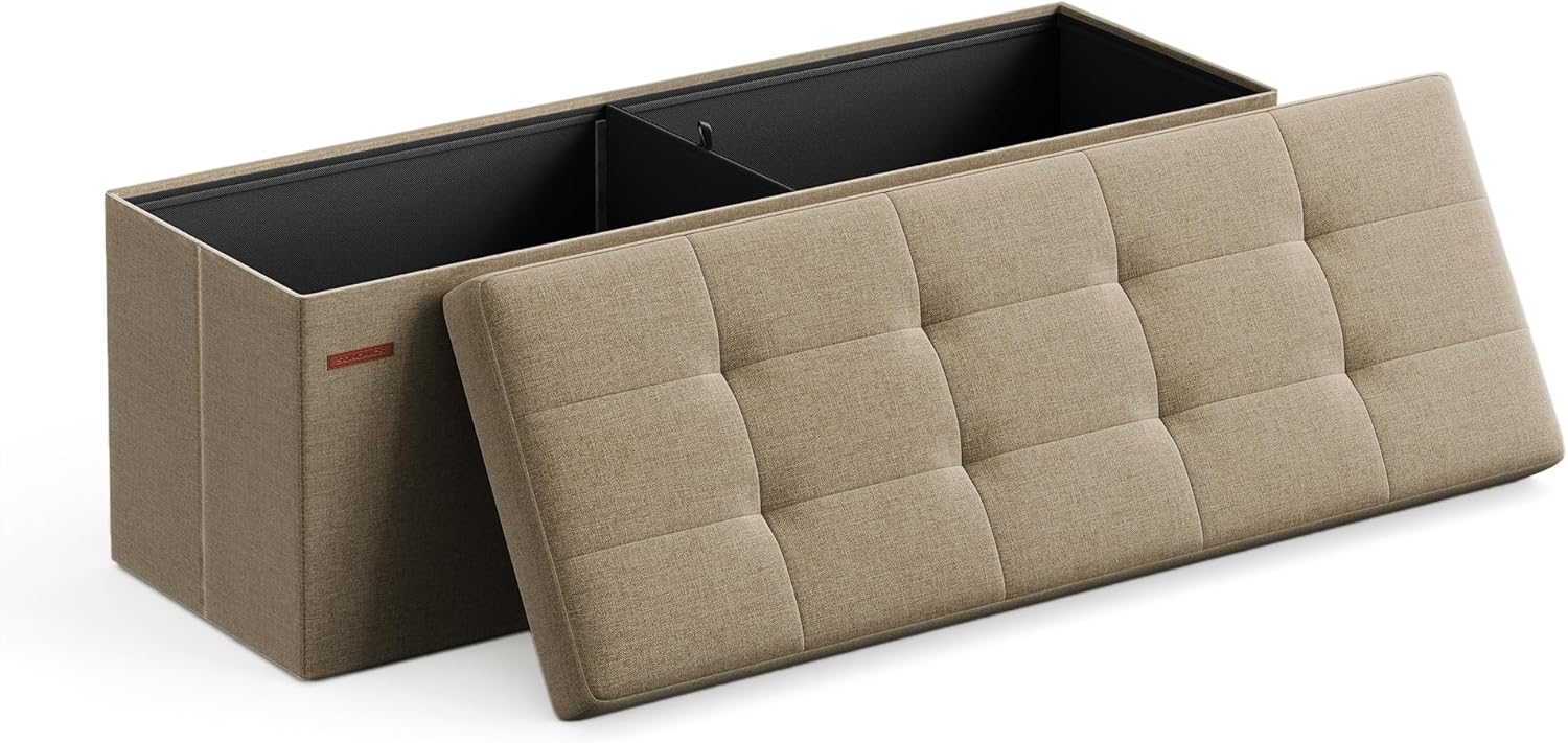 SONGMICS Storage Ottoman Bench, Foldable Ottoman Foot Rest, 15 x 43 x 15 Inches, End of Bed Bench, Storage Chest, Load up to 660 lb, for Living Room, Bedroom, Entryway, Camel Brown ULSF077R01