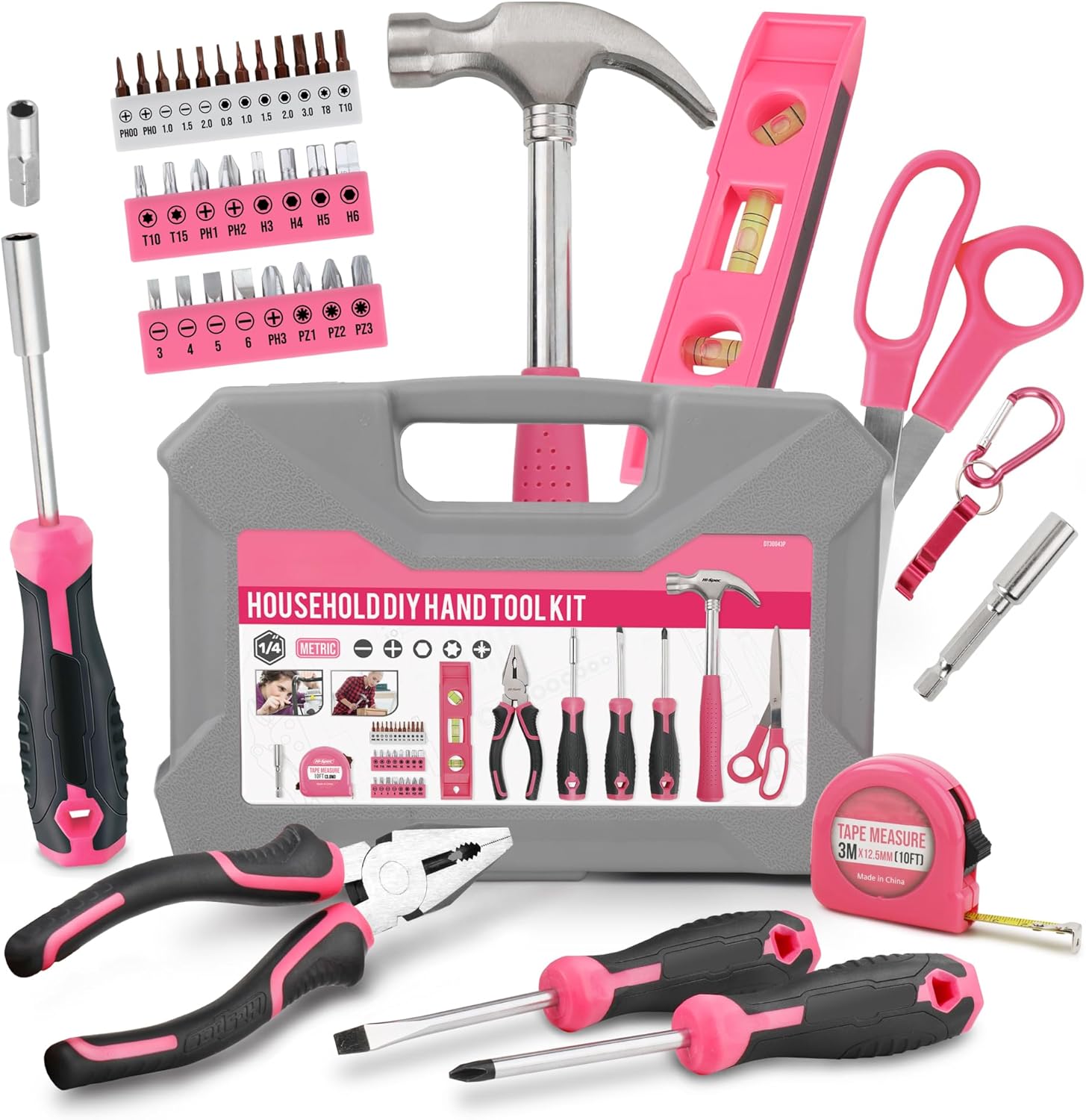 Hi-Spec 42pc Pink Household DIY Tool Set for Women. Home, Office and College Dorm Small Toolkit of Starter Basic Ladies Tools