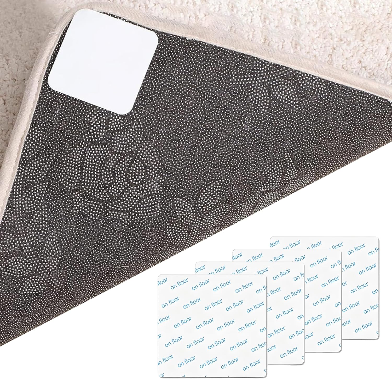 Rug pad retainer for hardwood floors, non-damaging, new material for non-slip rug pads, anti-frizz reusable rug stops, under rug tape: keeps rugs in place and corners flat