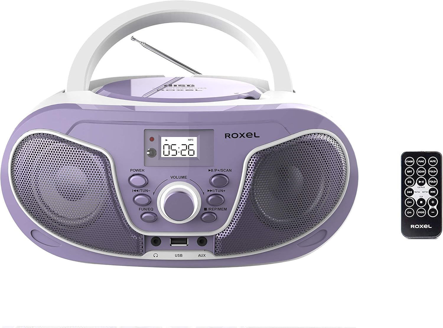 Roxel RCD-S70BT Portable Boombox CD Player with Remote Control, FM Radio, USB MP3 Playback, 3.5mm AUX Input, Headphone Jack, LED Display Wireless Music Streaming (Purple)