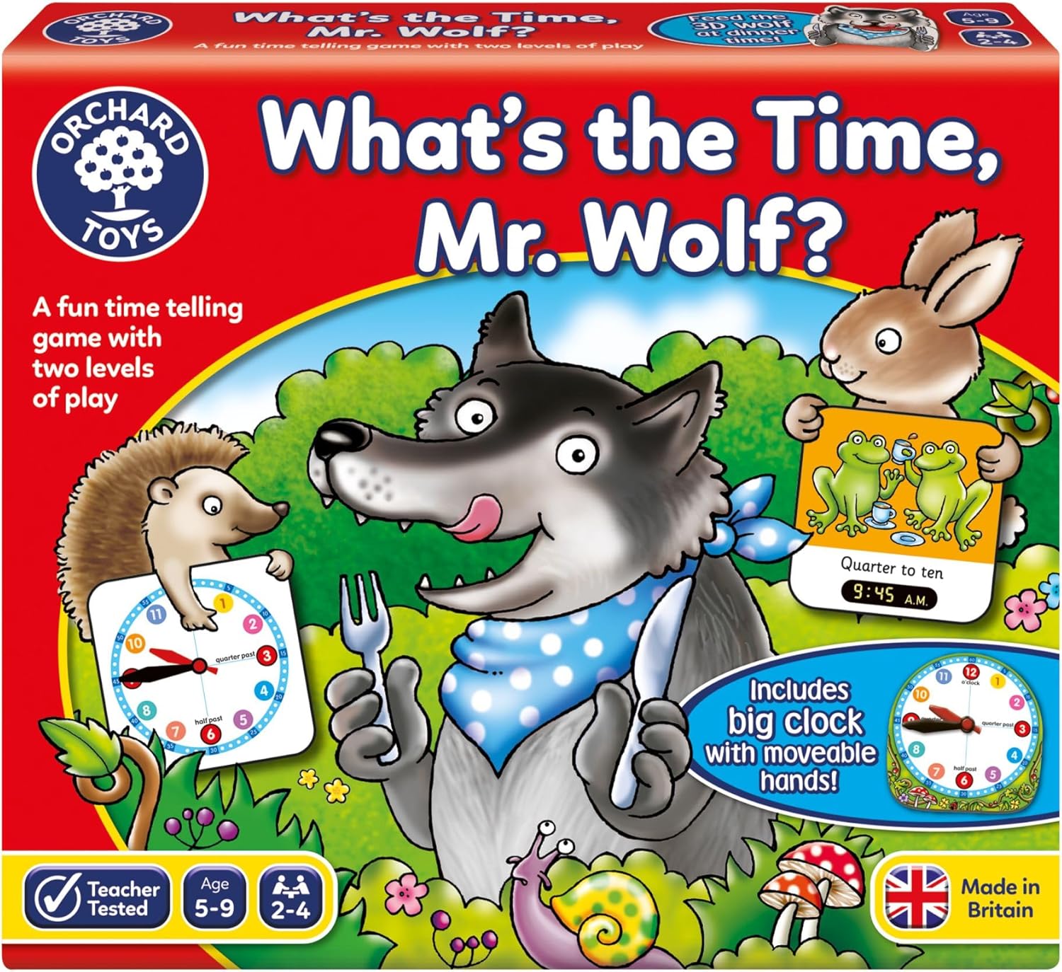 Orchard Toys What's the Time, Mr Wolf Game | Educational Game For Children Aged 5-9 | Two Ways To Play | Teaches Time Telling Skills | Includes Moveable Clockface | Learning Made Fun