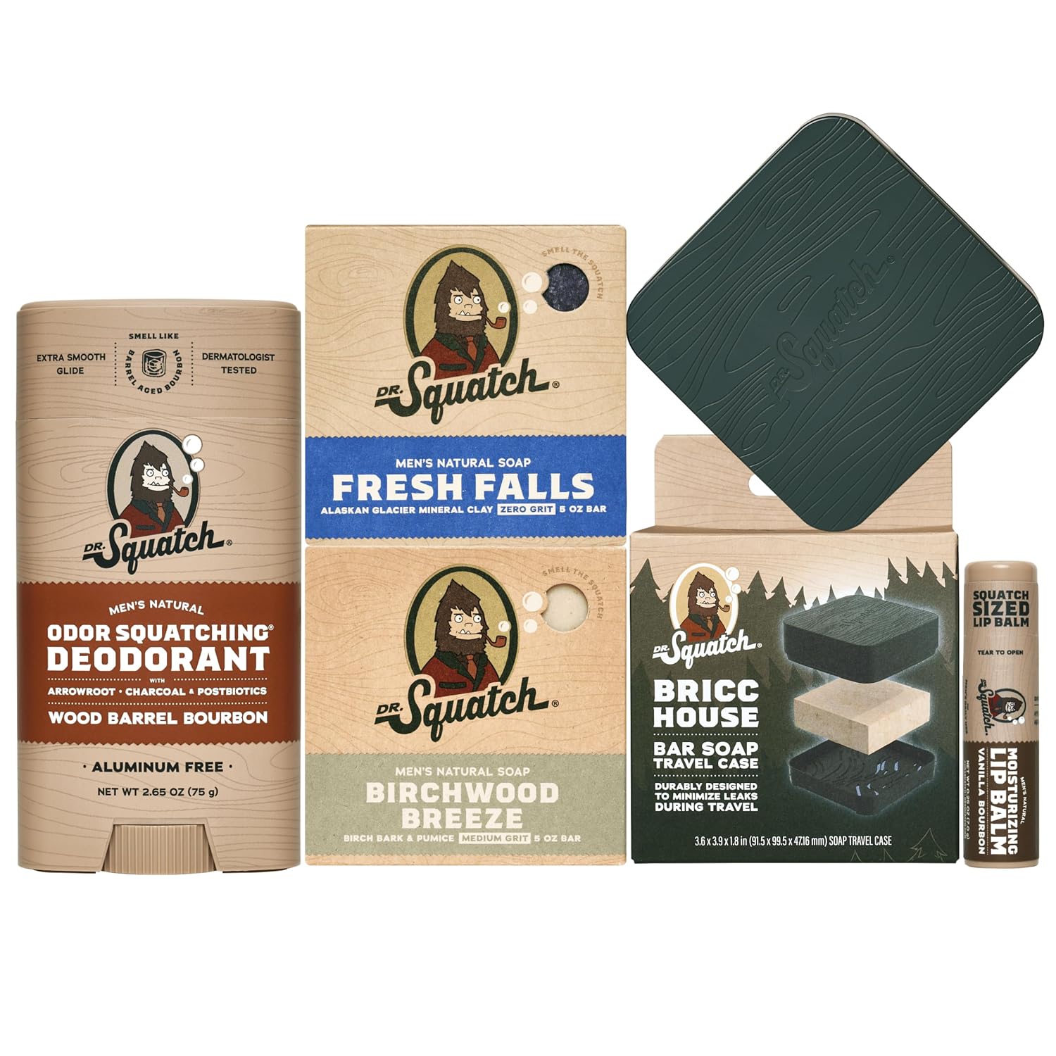 Dr. Squatch NEW Bricc House Travel Pack - Soap Travel Case + Birchwood Breeze, Fresh Falls Soap + Wood Barrel Bourbon Deodorant + Vanilla Bourbon Lip Balm - Full Routine Natural Men's Care Kit
