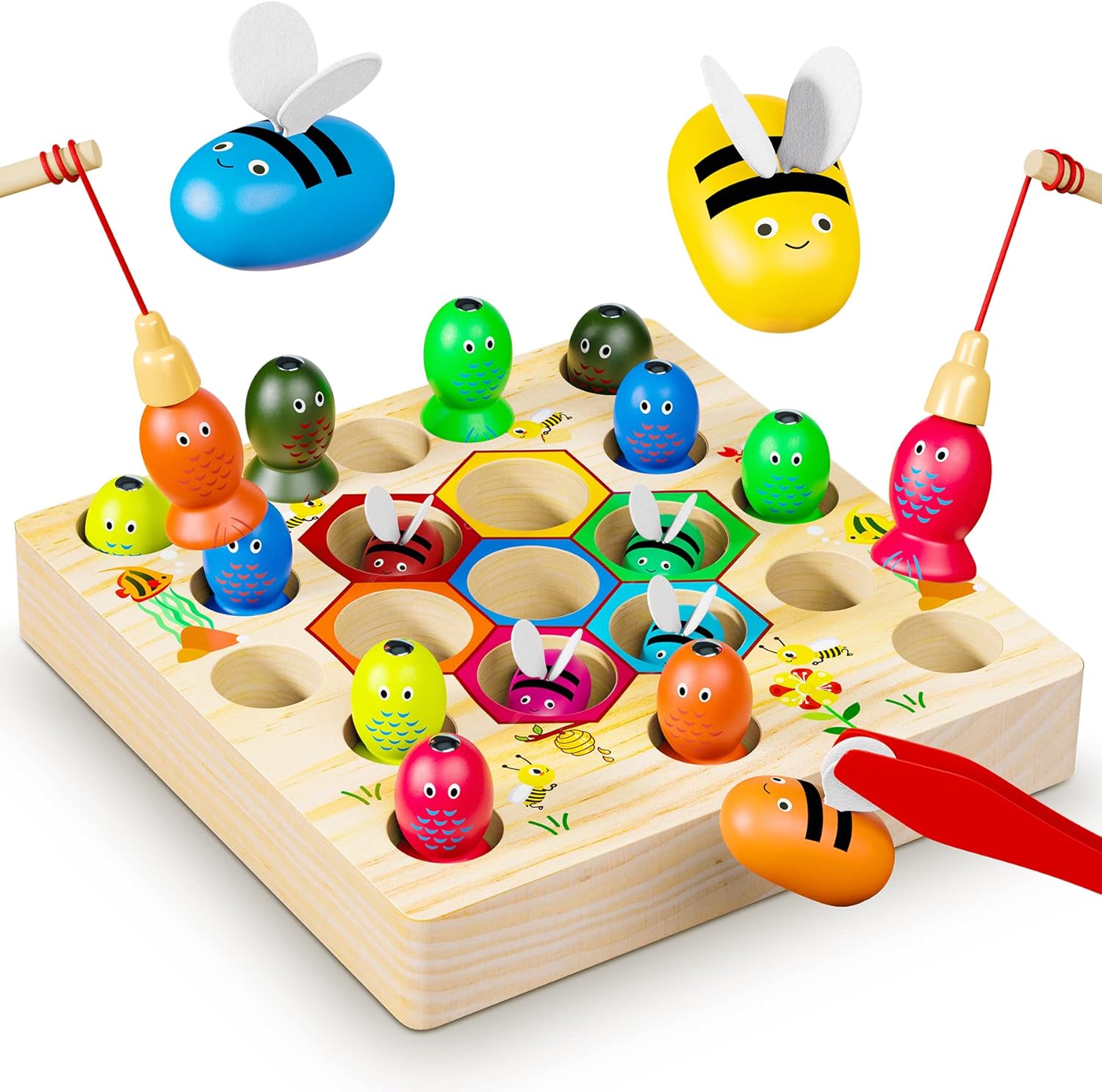 Wooden Fishing Game Toy 2 3 4 5 Year Old Boy Girl Gifts, Bee Magnetic Fishing Game Montessori Toys 2 In1 Wooden Kids Fishing Learning Educational Toys, Motor Skills Toddler Toys
