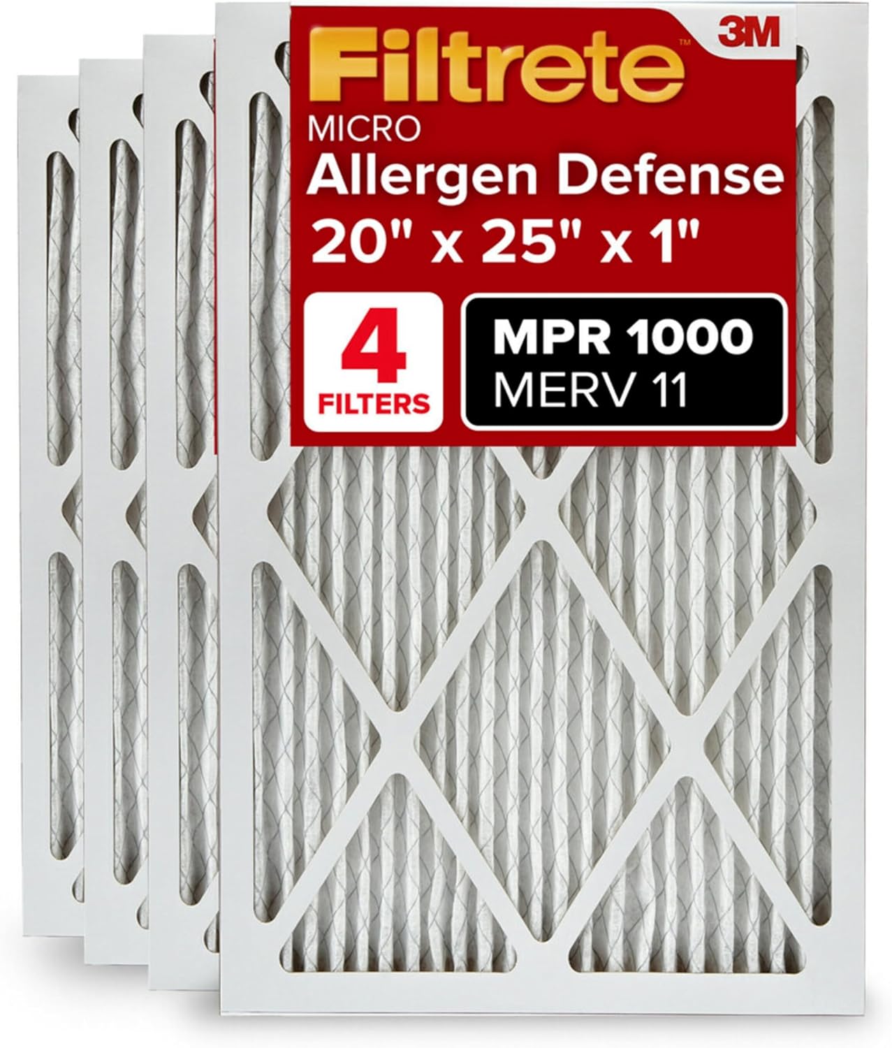 Filtrete 20x25x1 AC Furnace Air Filter, MERV 11, MPR 1000, Micro Allergen Defense, 3-Month Pleated 1-Inch Electrostatic Air Cleaning Filter, 4 Pack (Actual Size 19.69 x 24.69 x 0.81 in)