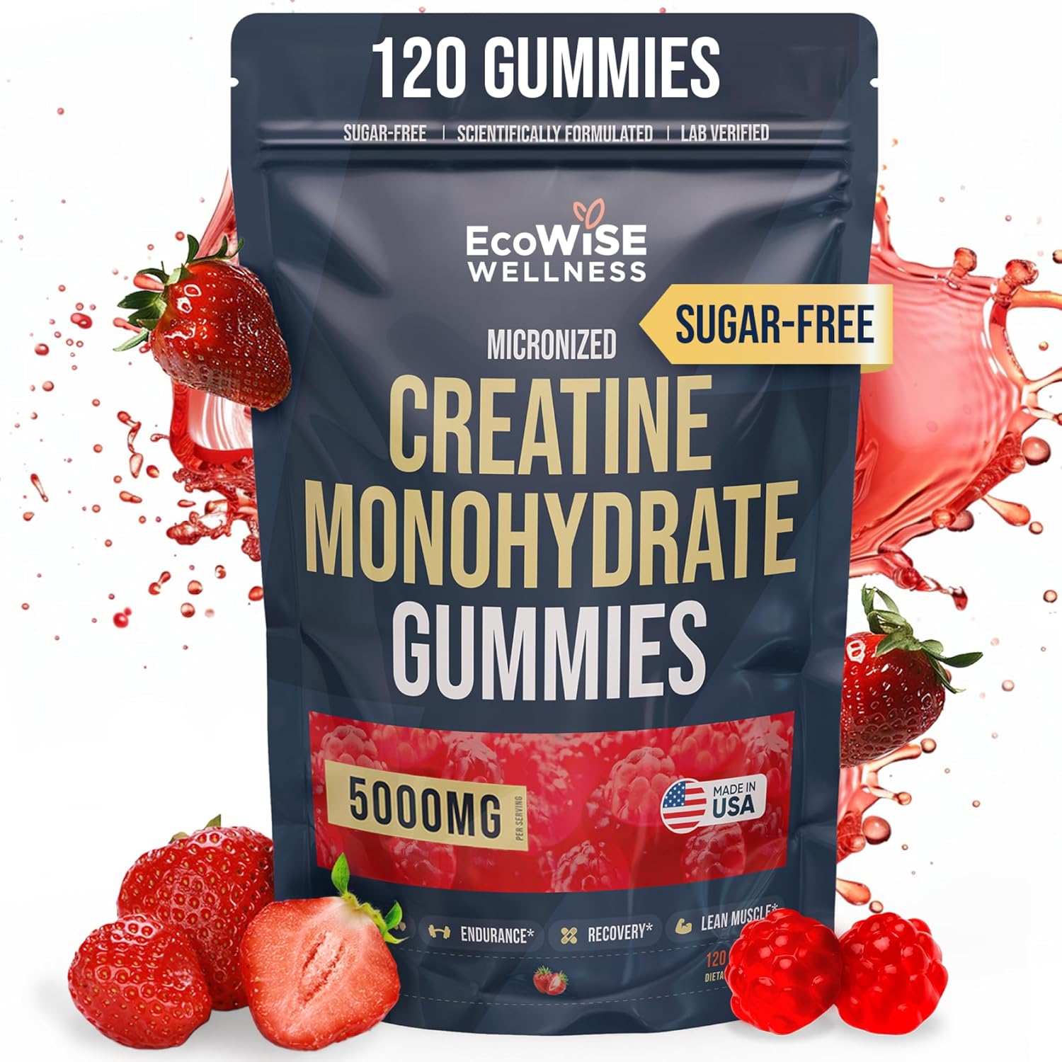 Creatine Monohydrate Gummies 5000 mg, Strawberry Flavor, 120 Sugar-Free Vegan Chews, Creatine Supplement for Daily Routine