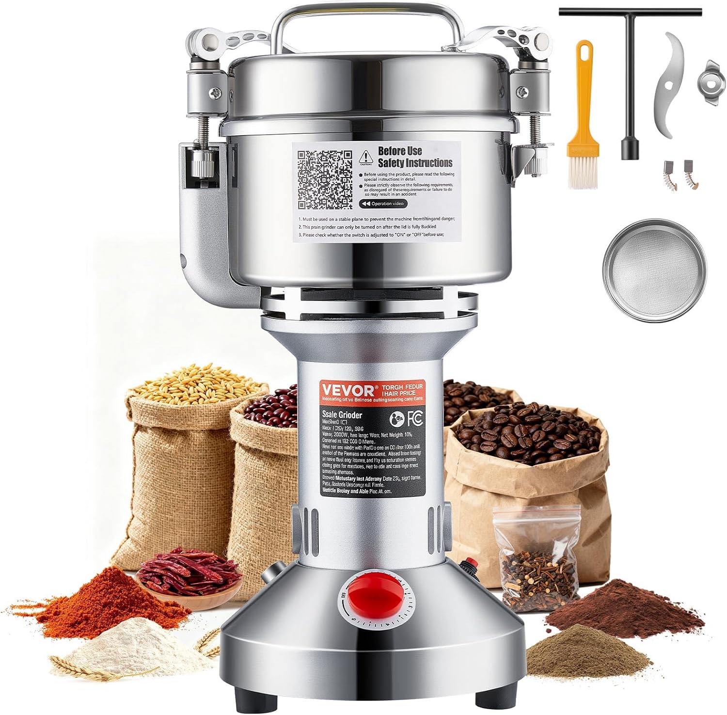 VEVOR 550g Electric Grain Mill Grinder, High Speed 2000W Commercial Spice Grinders, Stainless Steel Pulverizer Powder Machine, for Dry Grains Spices Cereals Coffee Corn Pepper, Straight Type