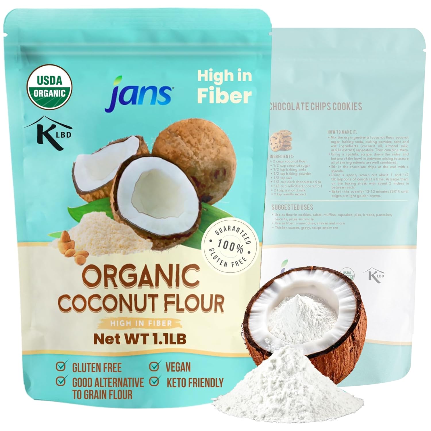 Jans Organic Coconut Flour 1.1lb | Gluten-Free | Certified Organic | Keto, Paleo, & Vegan Friendly | Flour Substitute for Low Carb | High Fiber | Unbleached & Unrefined (1 Pack)