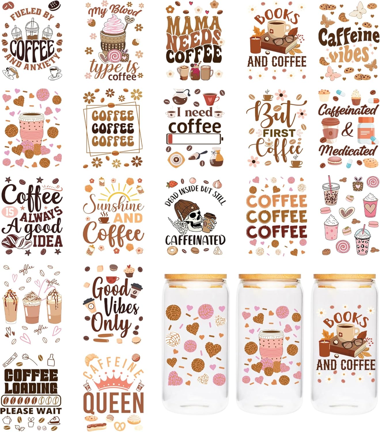 UV DTF Cup Wrap - 20pcs Coffee UV DTF Cup Sticker for Mug, Water Bottle, Glass, Coffee Vibes, Skull, Icecream, Book, Flower Design, Gift for Friends, Teacher, Classmate