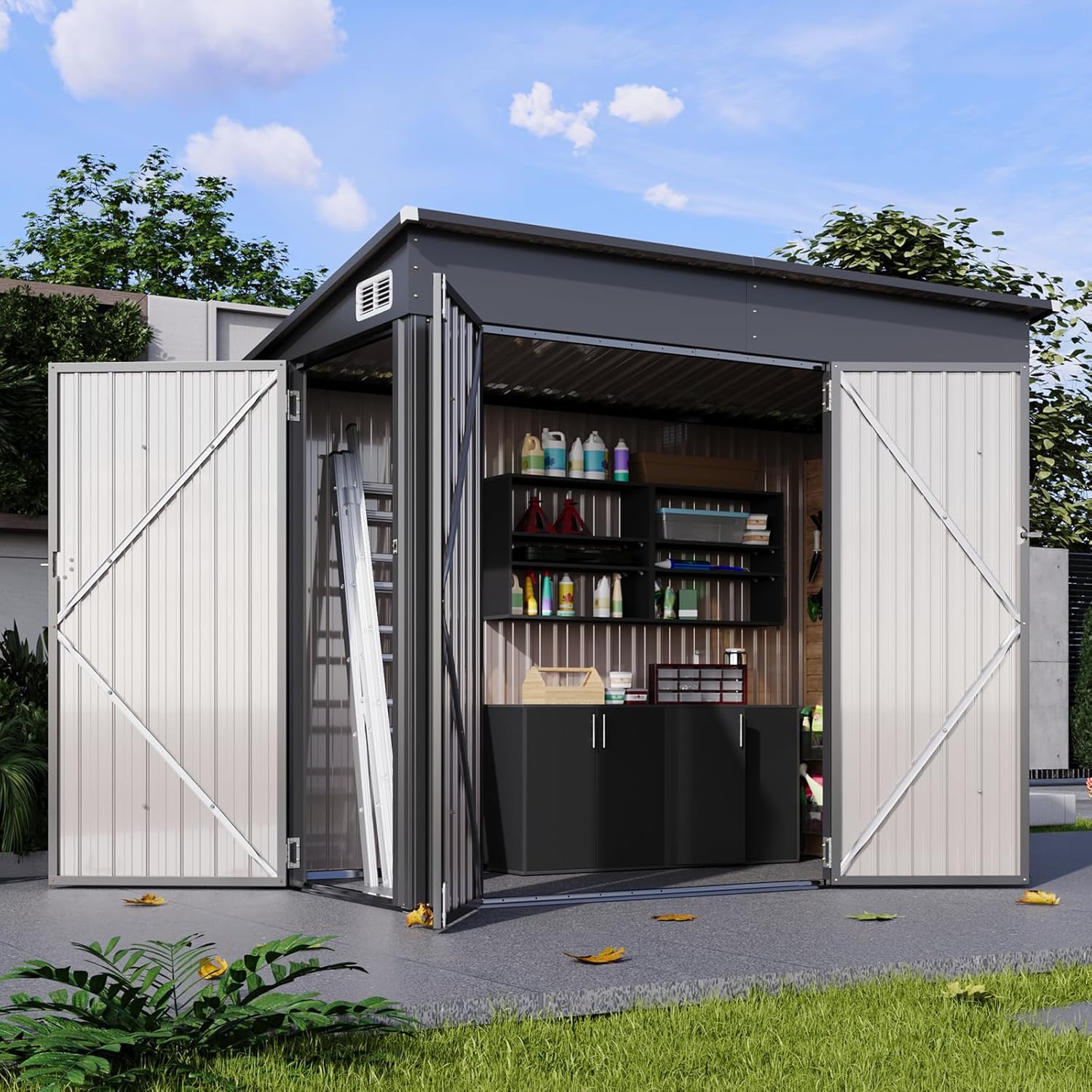 8'x4' Shed Galvanized Steel Storage Sheds with Triple Doors Weatherproof Outdoor Utility Sheds, Dual Lock Lean to Shed with Sloped Roof for Mower, Bike, Generator, Garden Tools (Black)