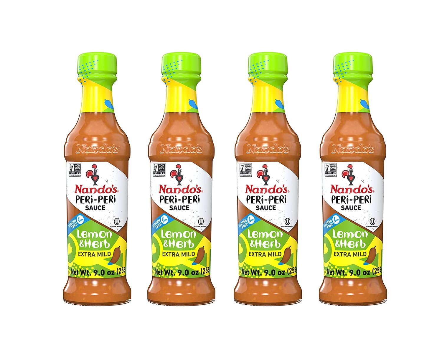 Nandos Peri Peri Sauce Extra Mild 4 Pack - Sauces, Seasoning or Marinade for Wings, Fish, Meat, Rice or Veg - No Artificial Colors, Flavors, Non-GMO, No MSG, Gluten Free - x4, 9.2 Oz Lemon and Herb