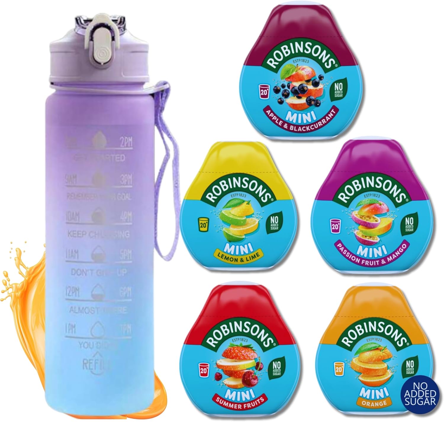Robinsons Squash Mini Juice Drops & Infinite Emblems Water Bottle Bundle - Concentrate Water Flavouring With 750ml Bottle & 5 x 66ml Variety Pack Sugar Free