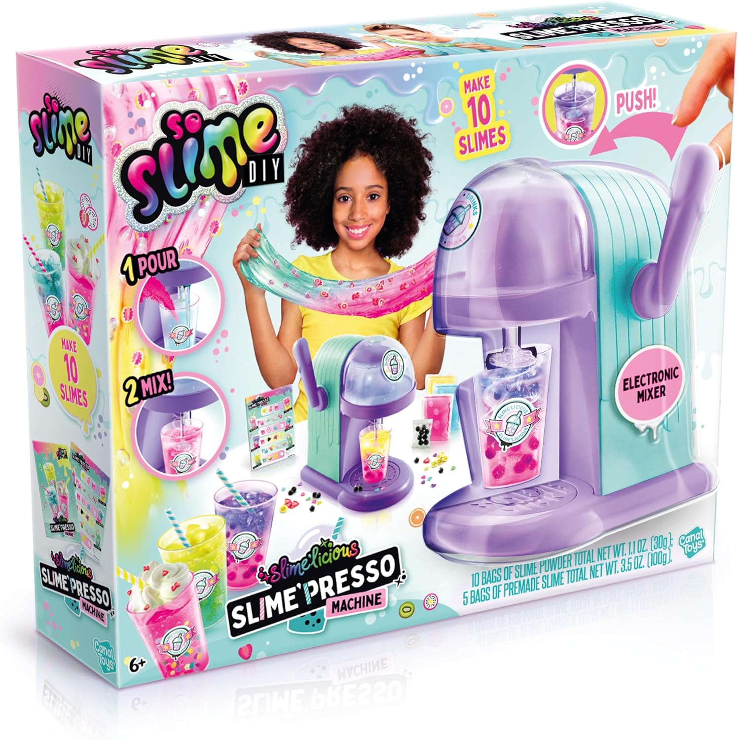 Canal Toys So Slime Slime’Licious Slime’Spresso Machine; Brew a Cuppa’ Stretchy Slime; Mixing Slime Has Never “Bean” So Much Fun; Simply Pour and Mix to Make 10 Slimes; 5 Premade Slimes; Ages 6+