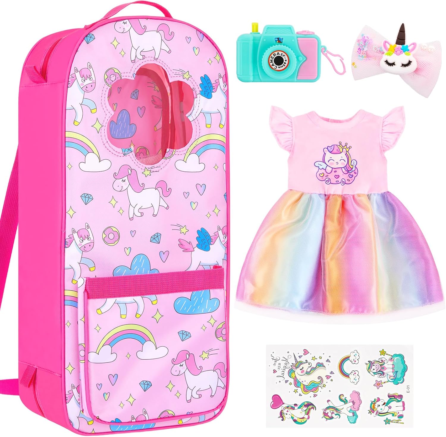 18 Inch Doll Storage Bag - 5PCS Unicorn Theme 18In Doll Accessories Set with Rainbow Dress, Hair Clip, Camera, Stickers & Fashion 18 Inch Dolls Carrier Bag | Perfect for 18" Dolls