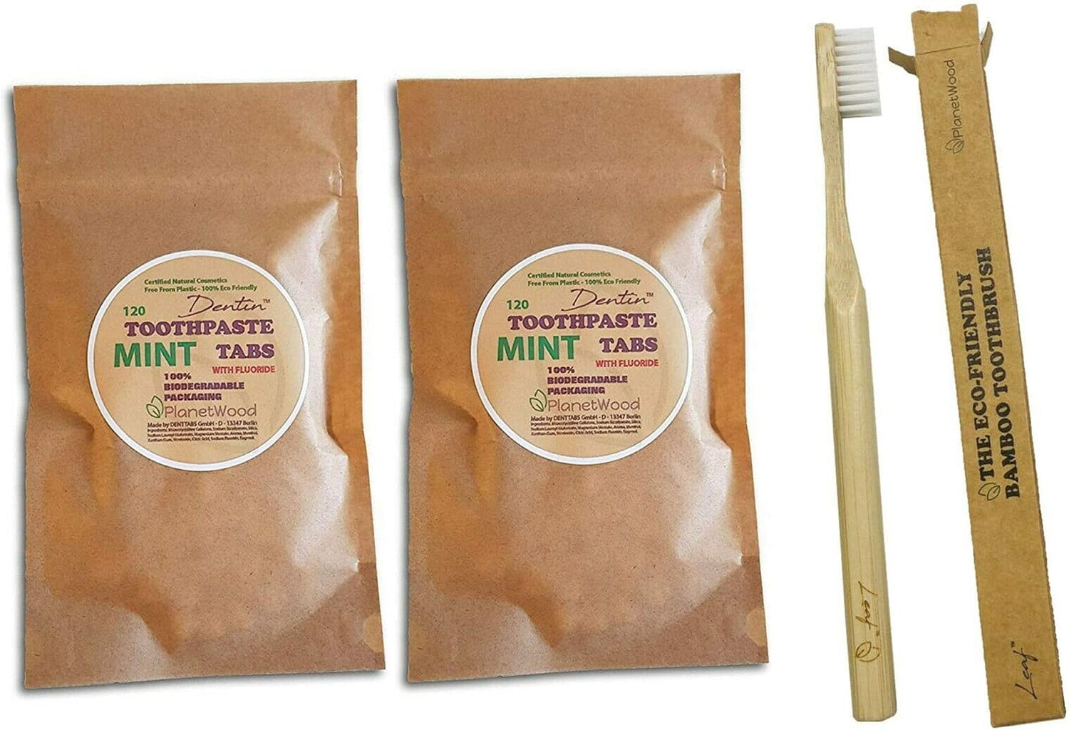 Dentin Toothpaste Tablets & Leaf Bamboo Toothbrush Set - Eco Friendly Dental Care by PlanetWood (240 (4 Months) + 1 Brush)