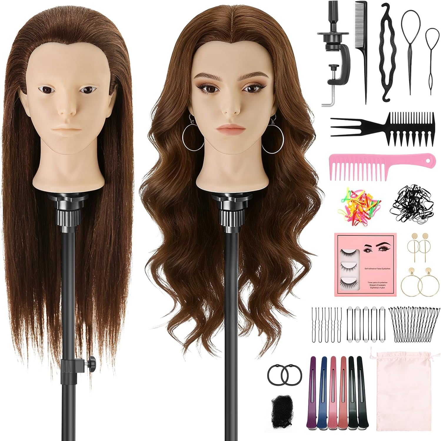 Hairdressing Head 23 inch 80% Real Hair With Clamp Practice Mannequin Head For Hair Styling,Manikin Cosmetology Doll Head With Makeup Function + Braid Set