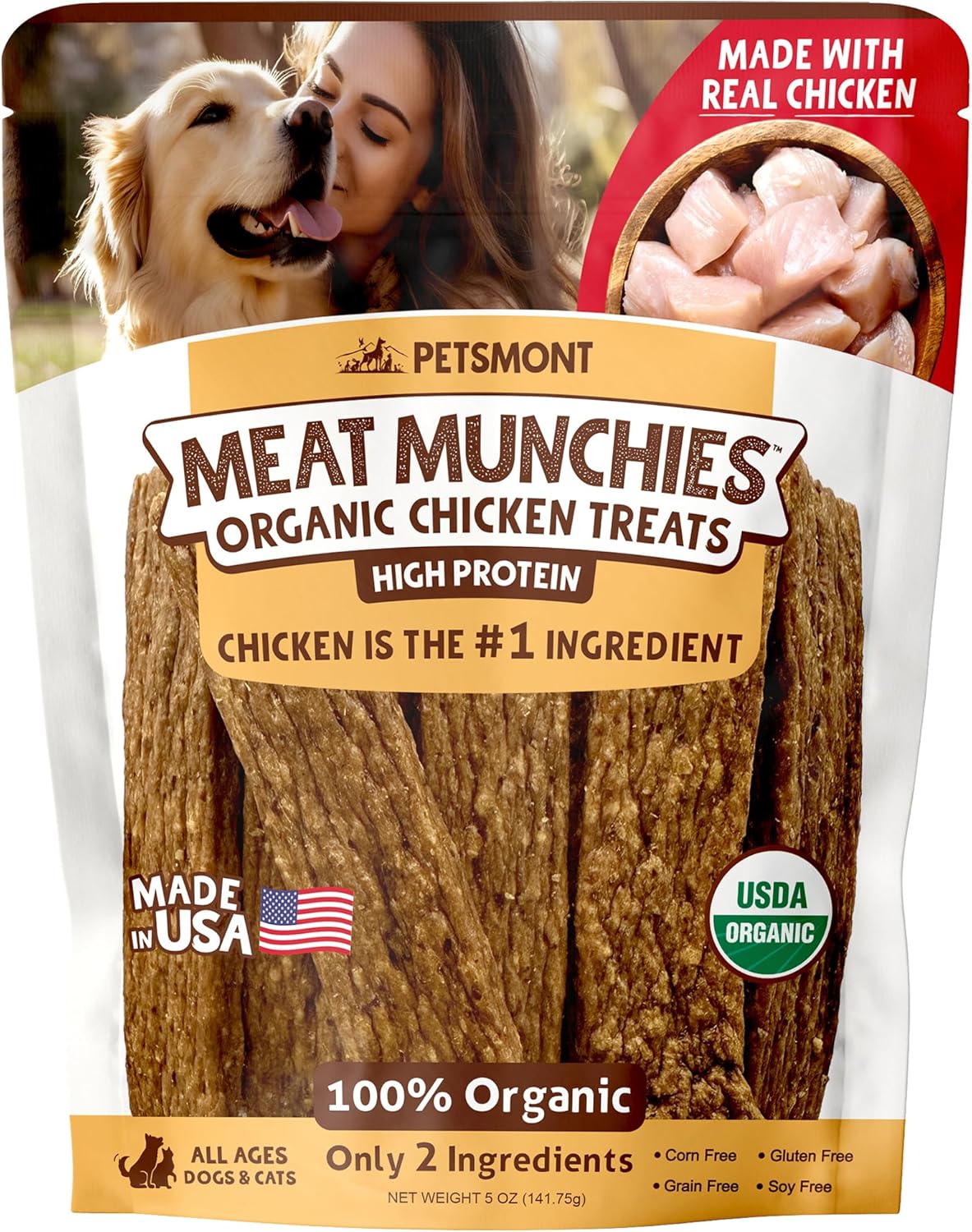 Petsmont Meat Munchies - Organic Chicken Jerky Dog Treats Limited Ingredient All Natural, Preservative Free, No Filler Chicken Treat for Dogs High Protein 2 Ingredient Dog Snacks Made in the USA - 5oz