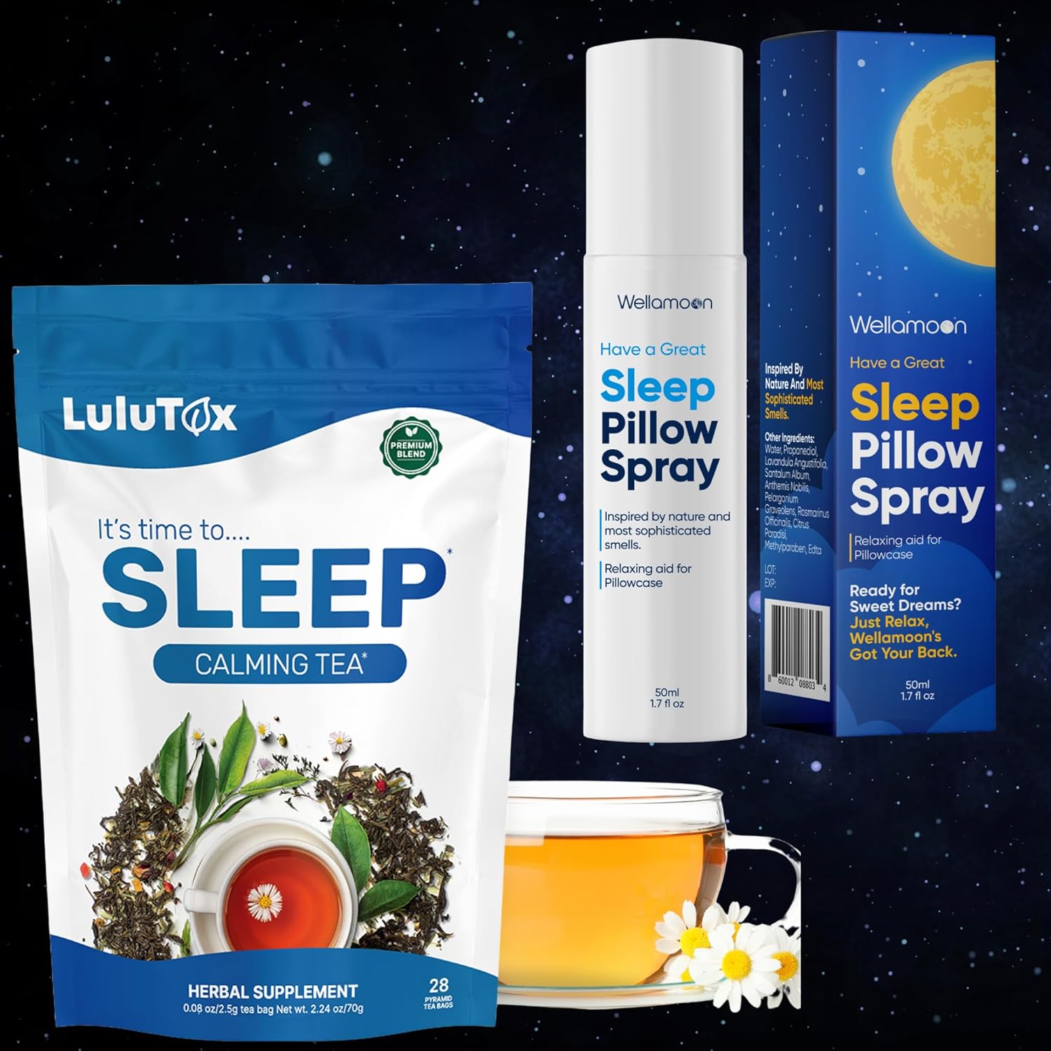 Wellamoon & Lulutox Evening Relaxation Set – Lavender Aromatherapy Mist & Herbal Infusion Tea – Calming Spray & 28 Tea Bags for a Peaceful Nighttime Routine